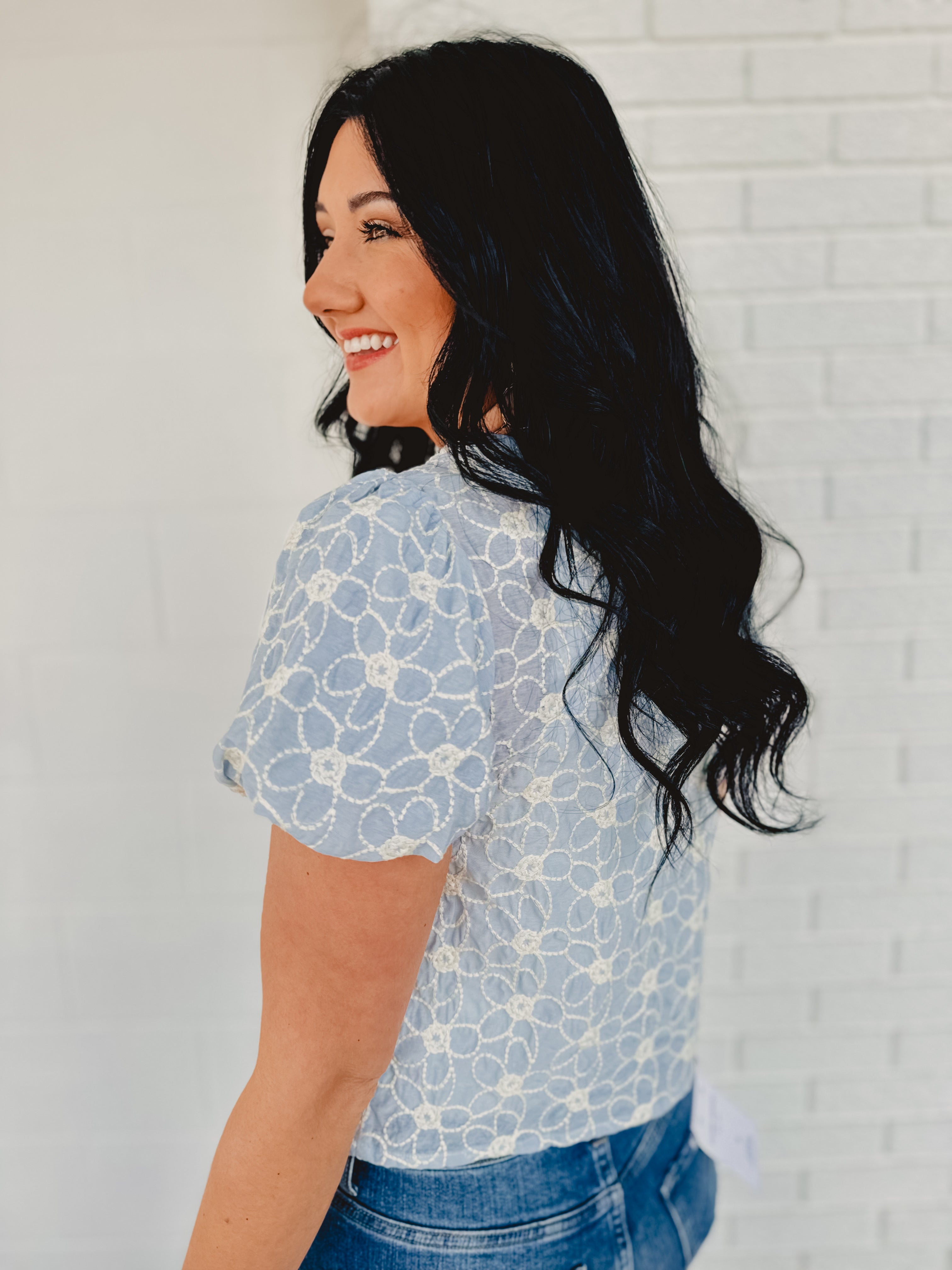 Tie Front Embroidered Top - Ice Blue - Lace and Grace Boutique