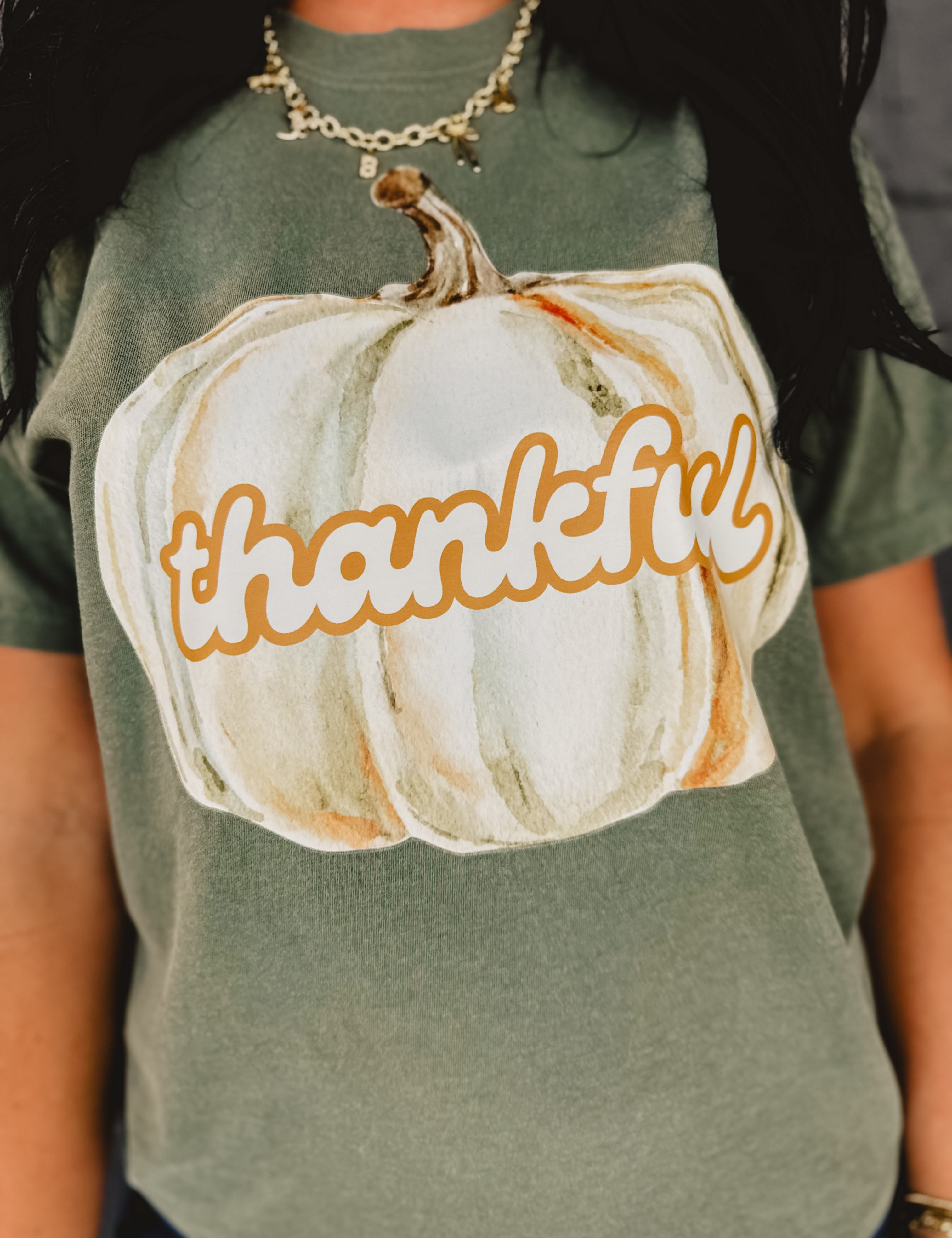 Thankful Pumpkin Graphic Tee - Moss - Lace and Grace Boutique