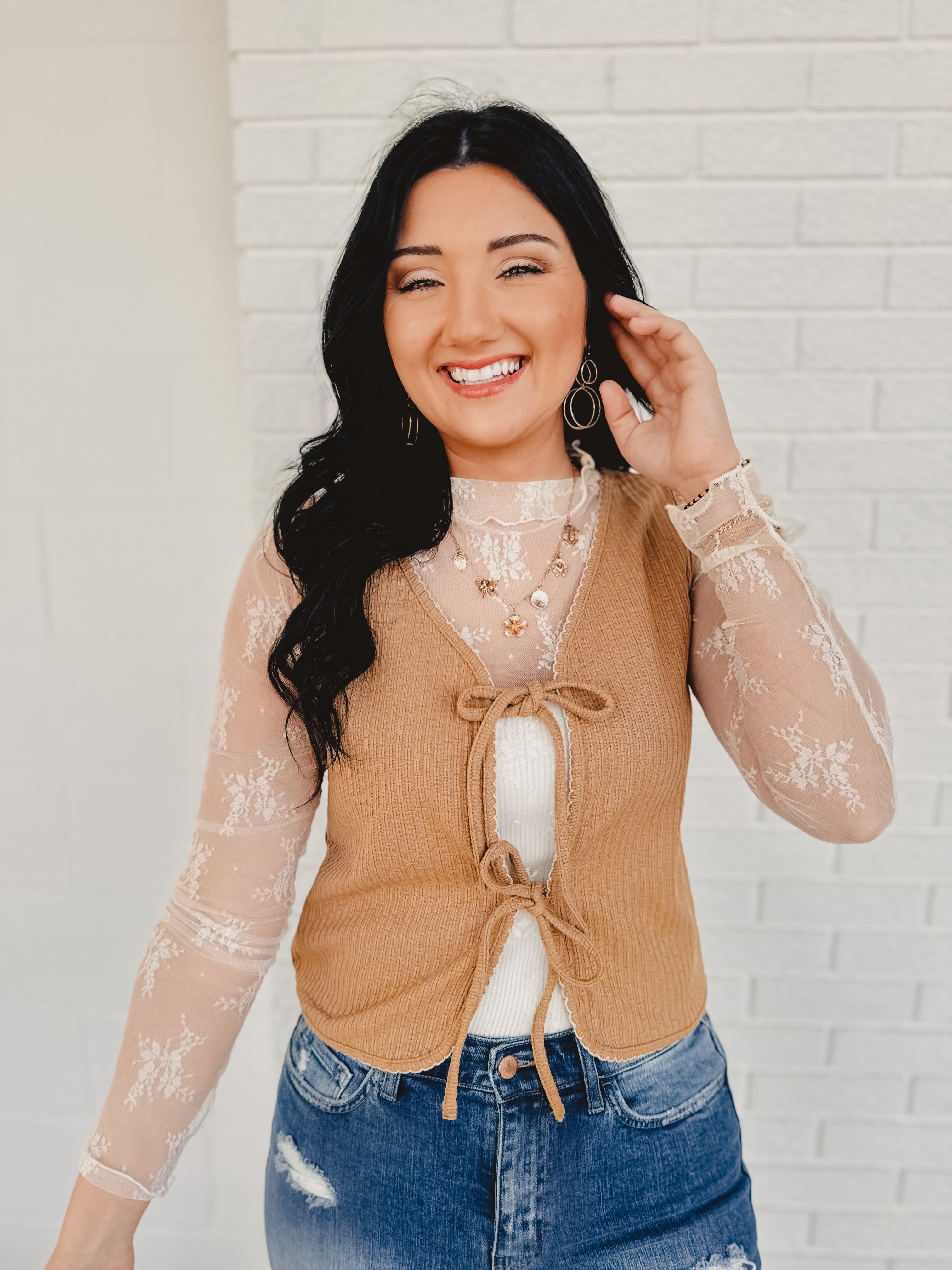 Textured Piping Detailed Vest - Mocha - Lace and Grace Boutique