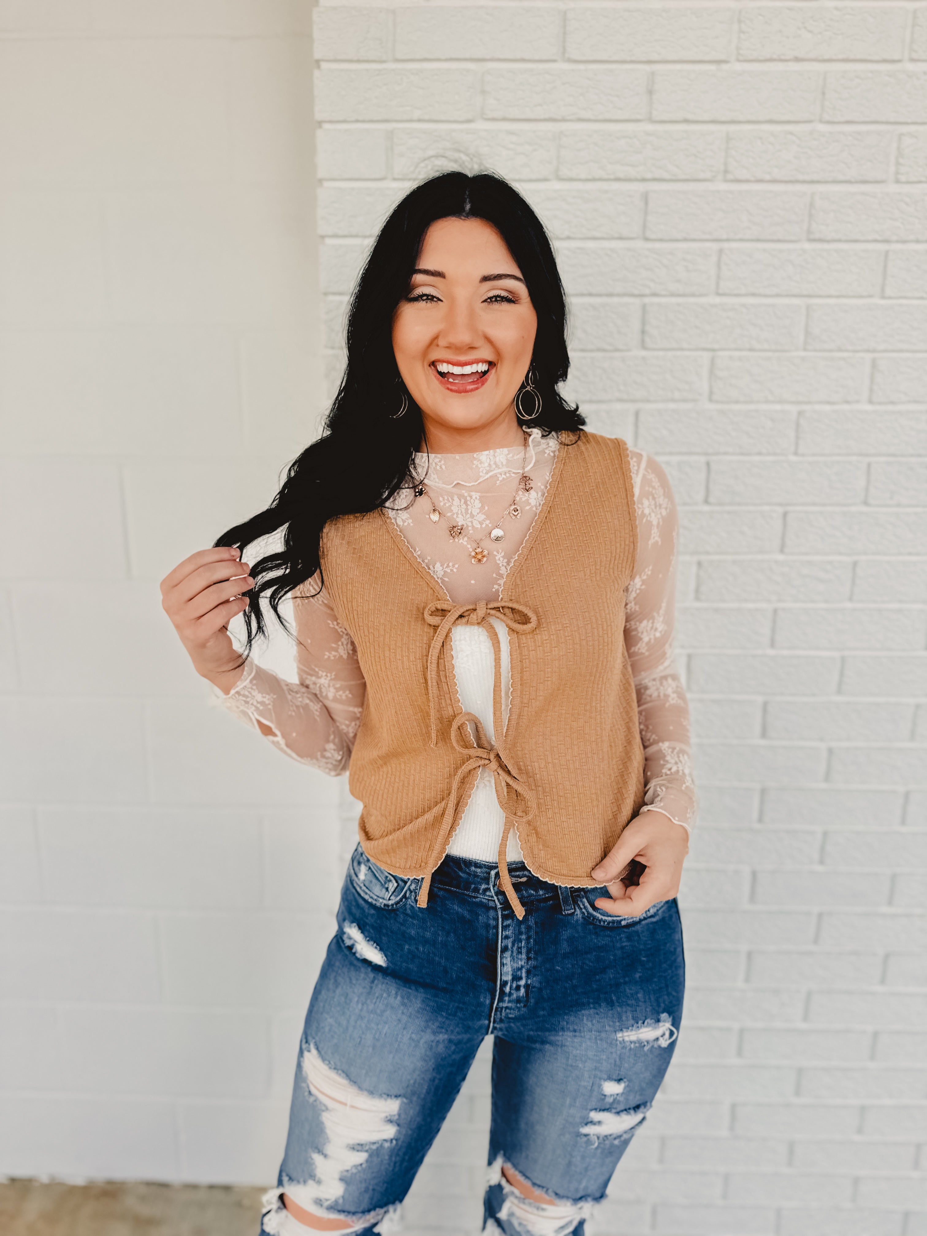 Textured Piping Detailed Vest - Mocha - Lace and Grace Boutique