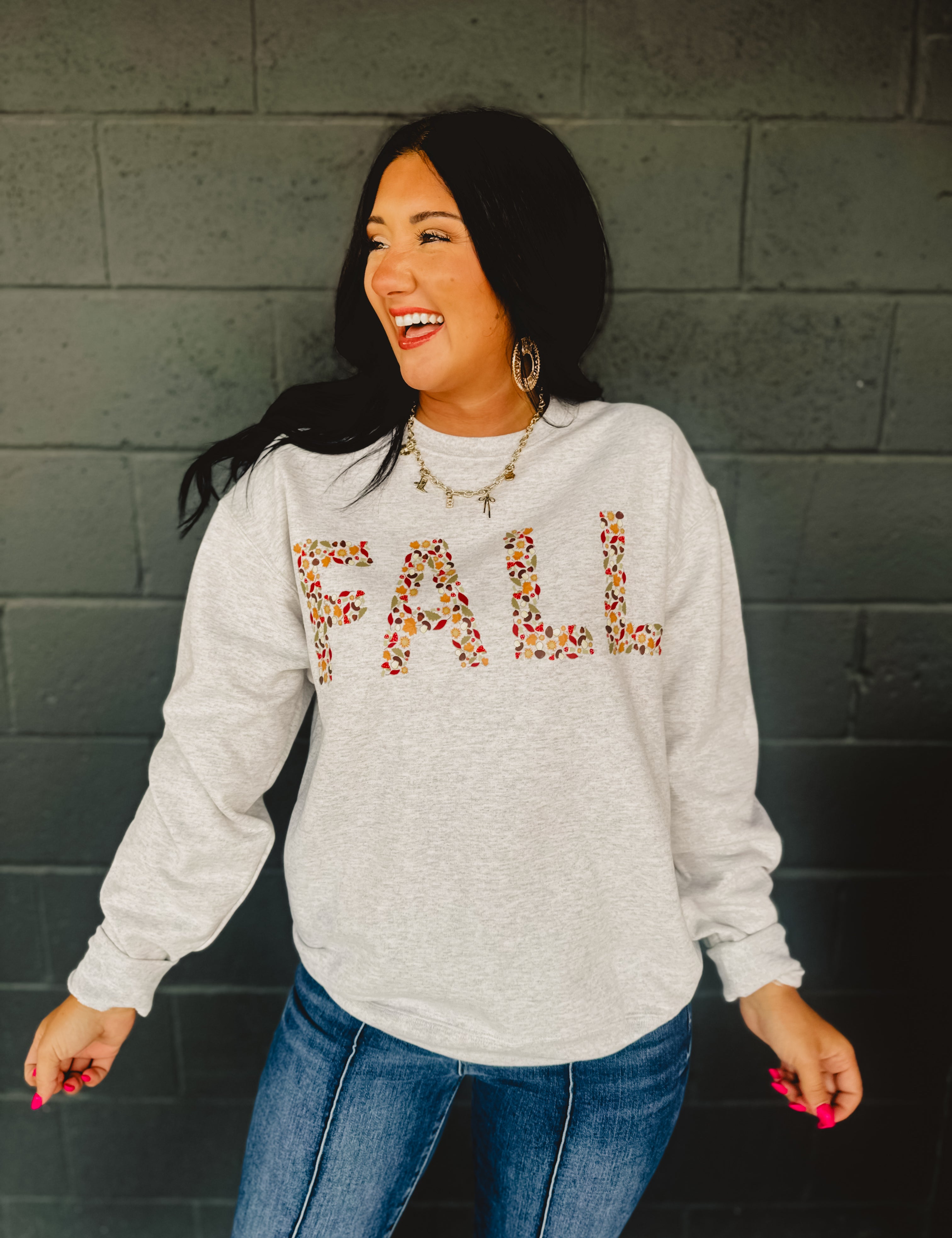 Fall Printed Crewneck Fleece Sweatshirt - Heather Oat - Lace and Grace Boutique