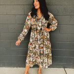 Floral Printed Chiffon Long Sleeve Midi Dress - Black - Lace and Grace Boutique