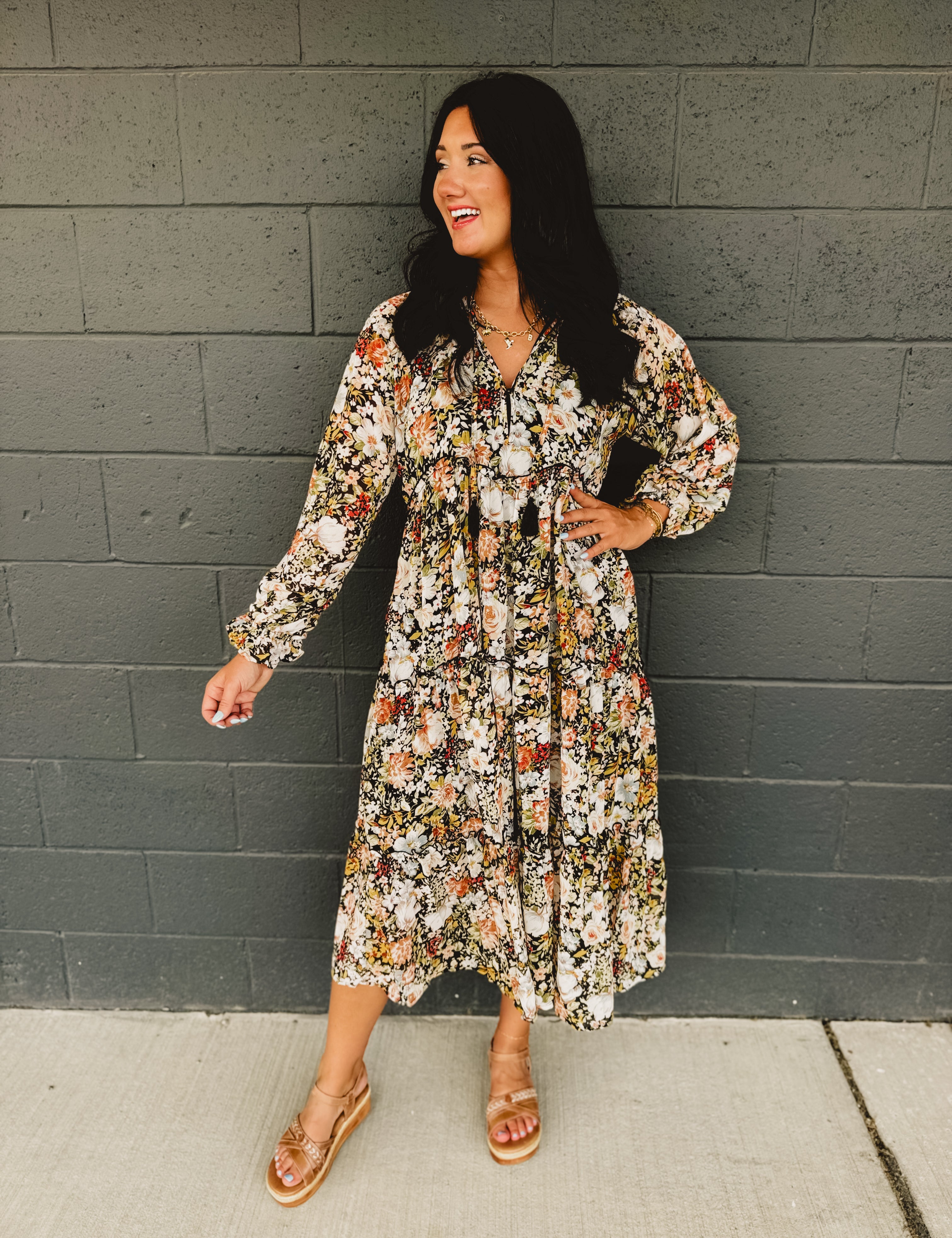 Floral Printed Chiffon Long Sleeve Midi Dress - Black - Lace and Grace Boutique