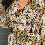 Floral Printed Chiffon Long Sleeve Midi Dress - Black - Lace and Grace Boutique