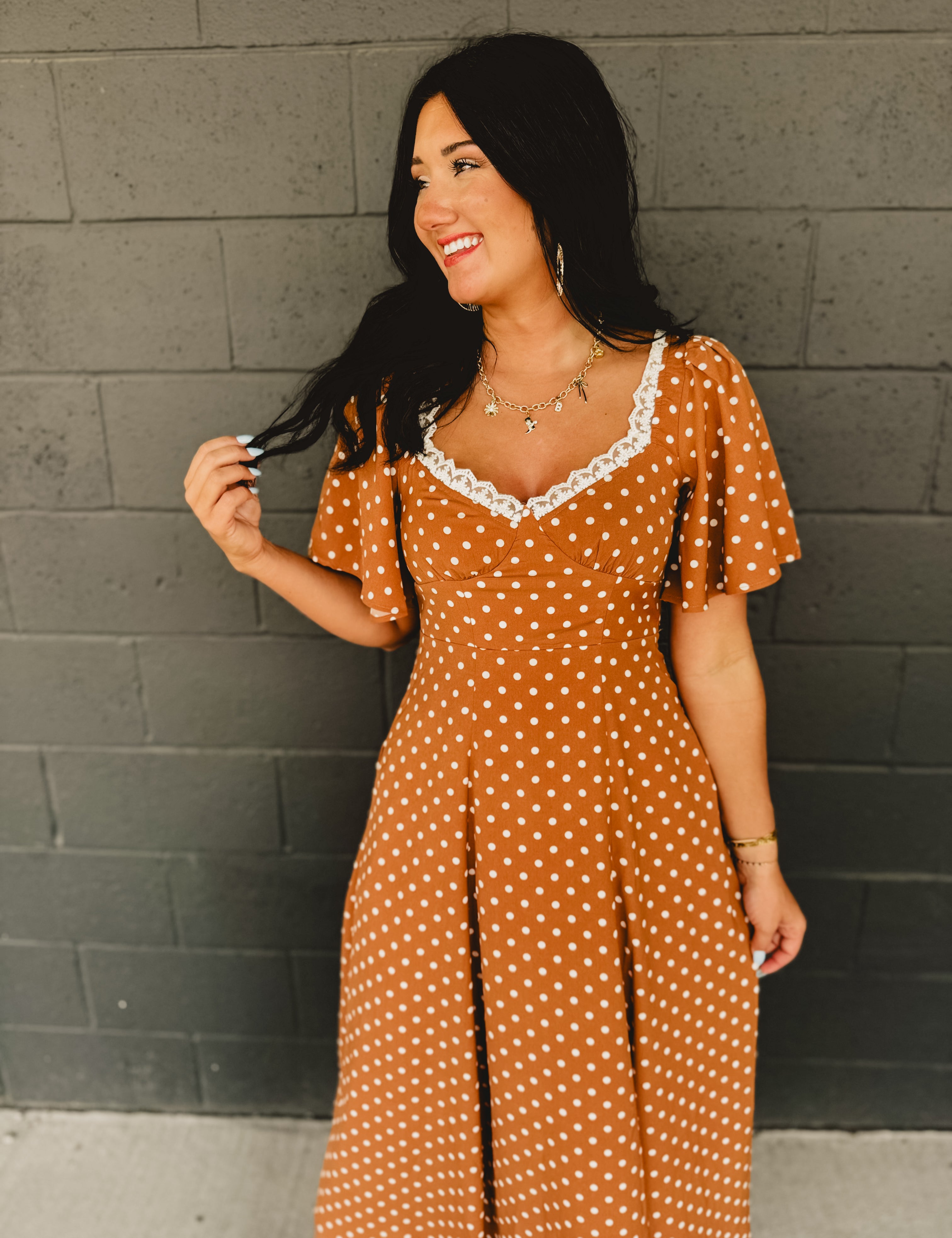 Flutter Sleeve Polka Dot Maxi Dress - Sepia - Lace and Grace Boutique