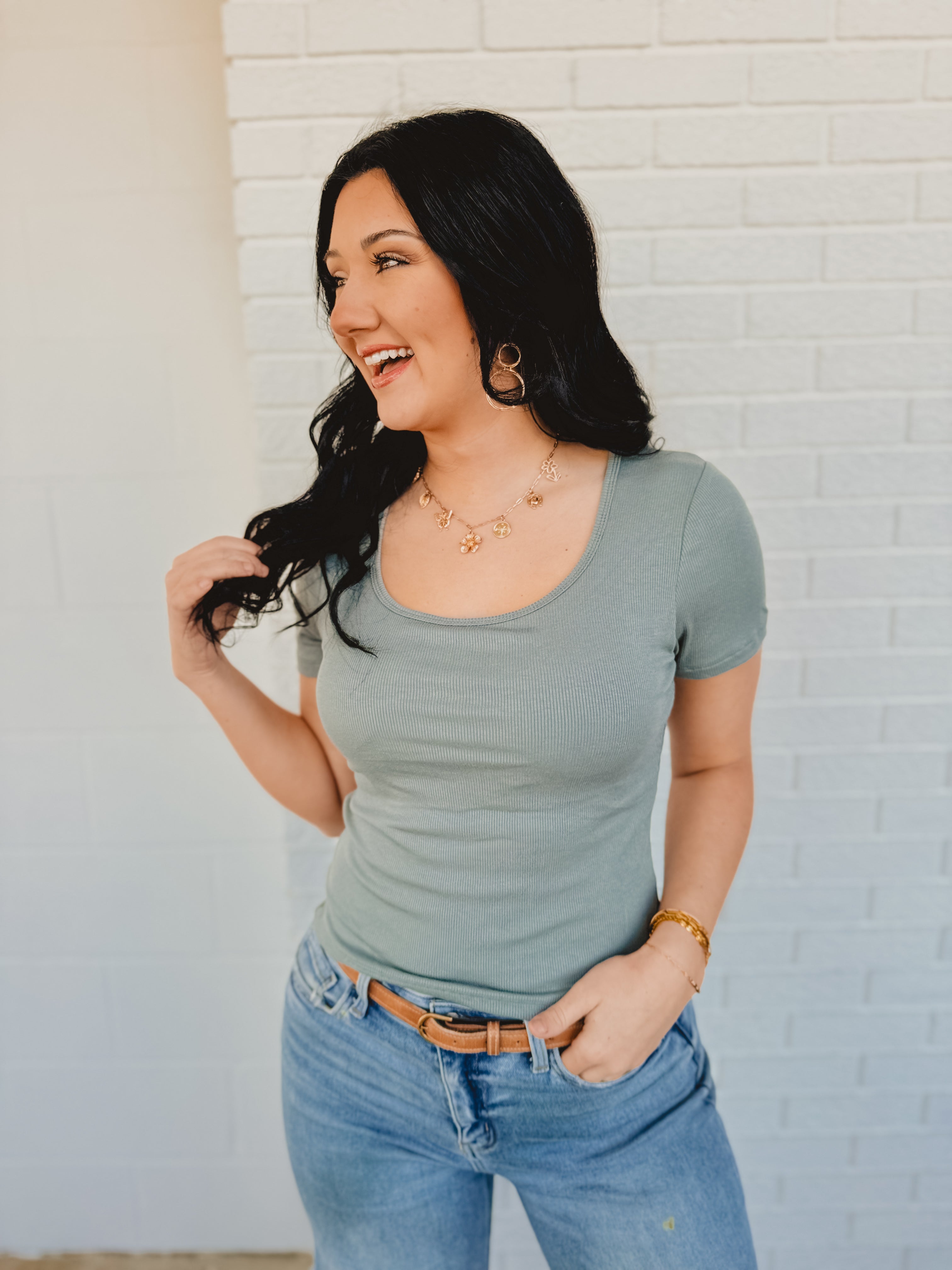 Ribbed Padded Knit Top - Teal Green - Lace and Grace Boutique