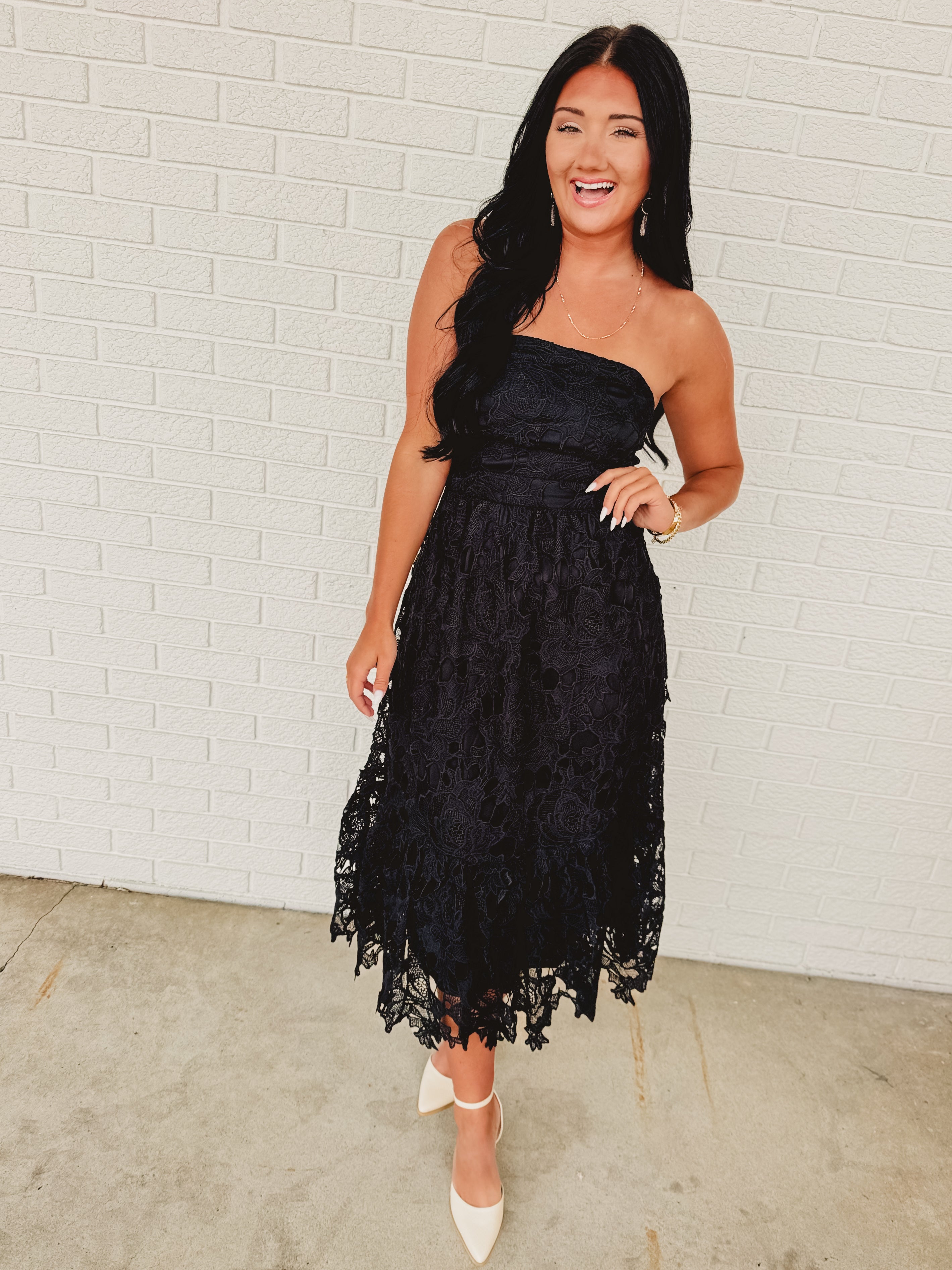 Strapless Woven Lace Midi Dress