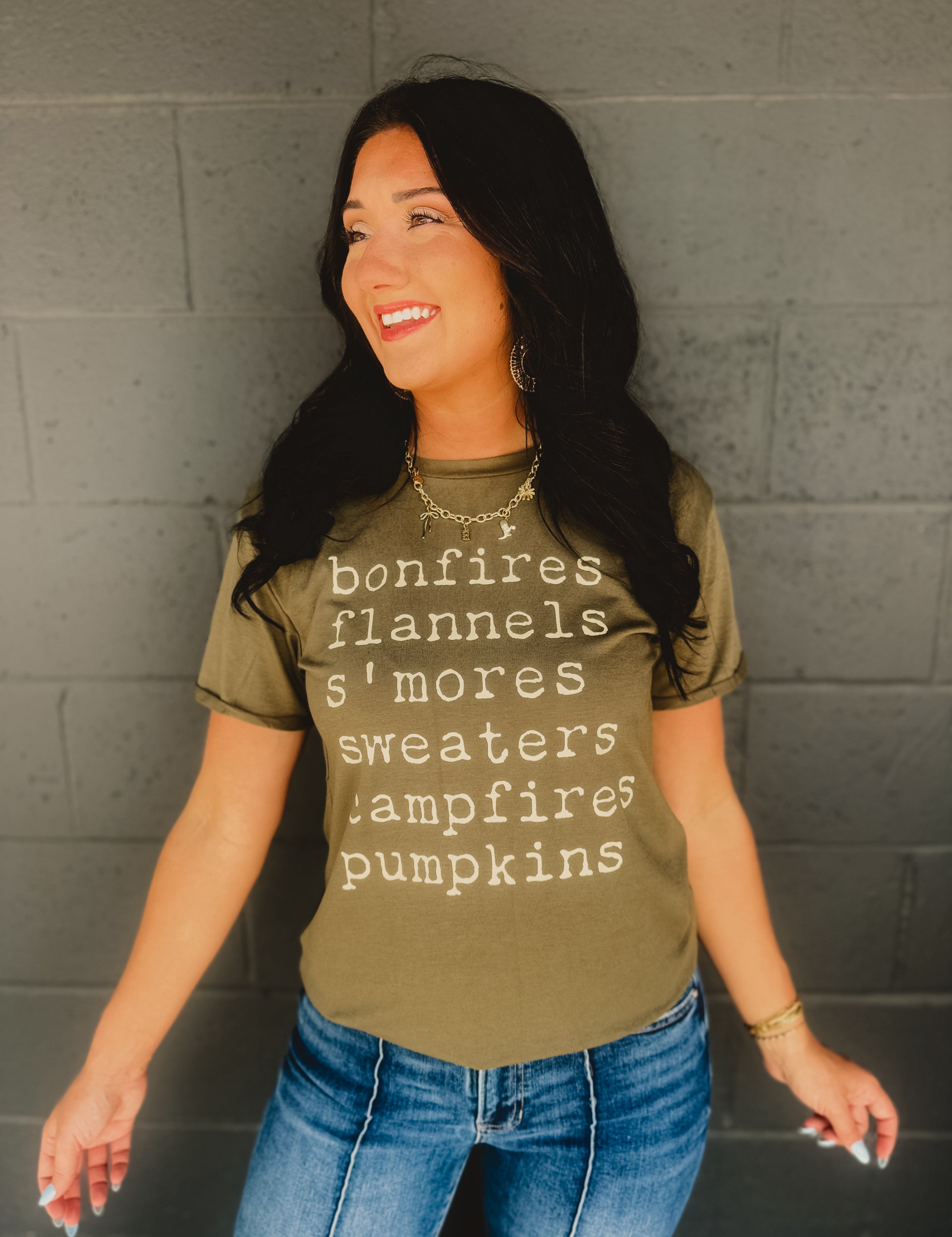Bonfires, Flannels, & S'mores Graphic Tee - Olive - Lace and Grace Boutique