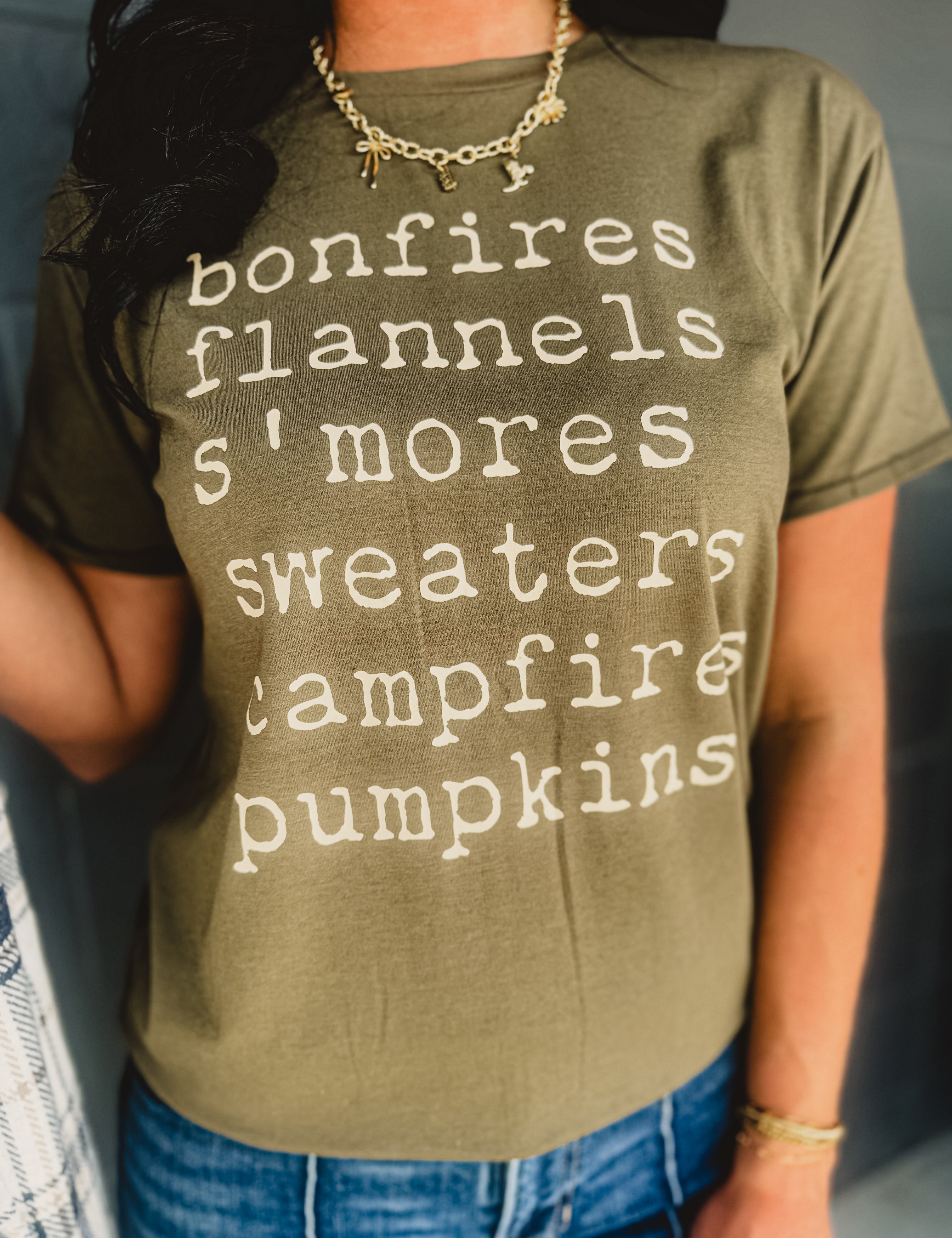 Bonfires, Flannels, & S'mores Graphic Tee - Olive - Lace and Grace Boutique