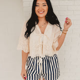 Floral Embroidery Tie Front Blouse - Ivory - Lace and Grace Boutique
