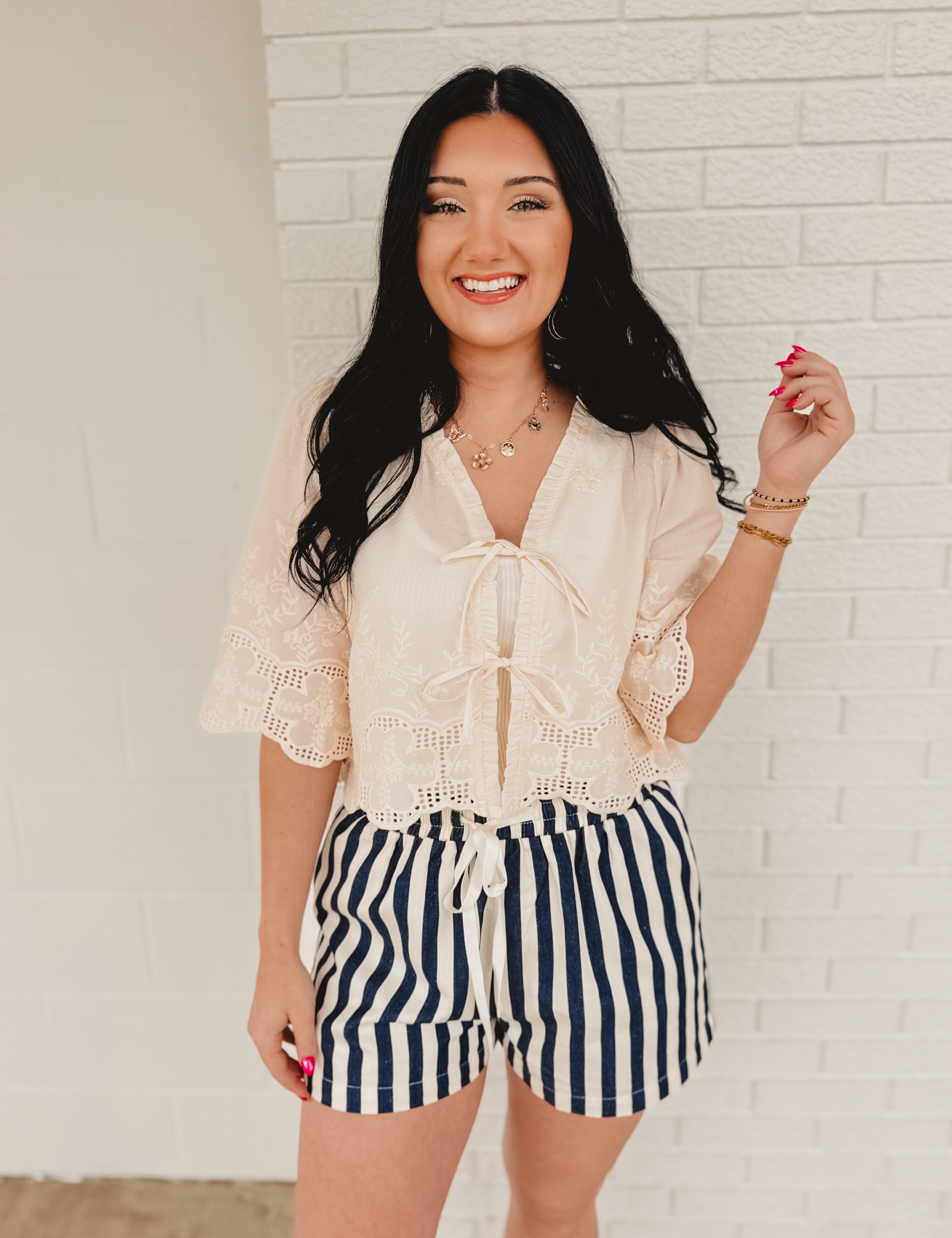 Floral Embroidery Tie Front Blouse - Ivory - Lace and Grace Boutique