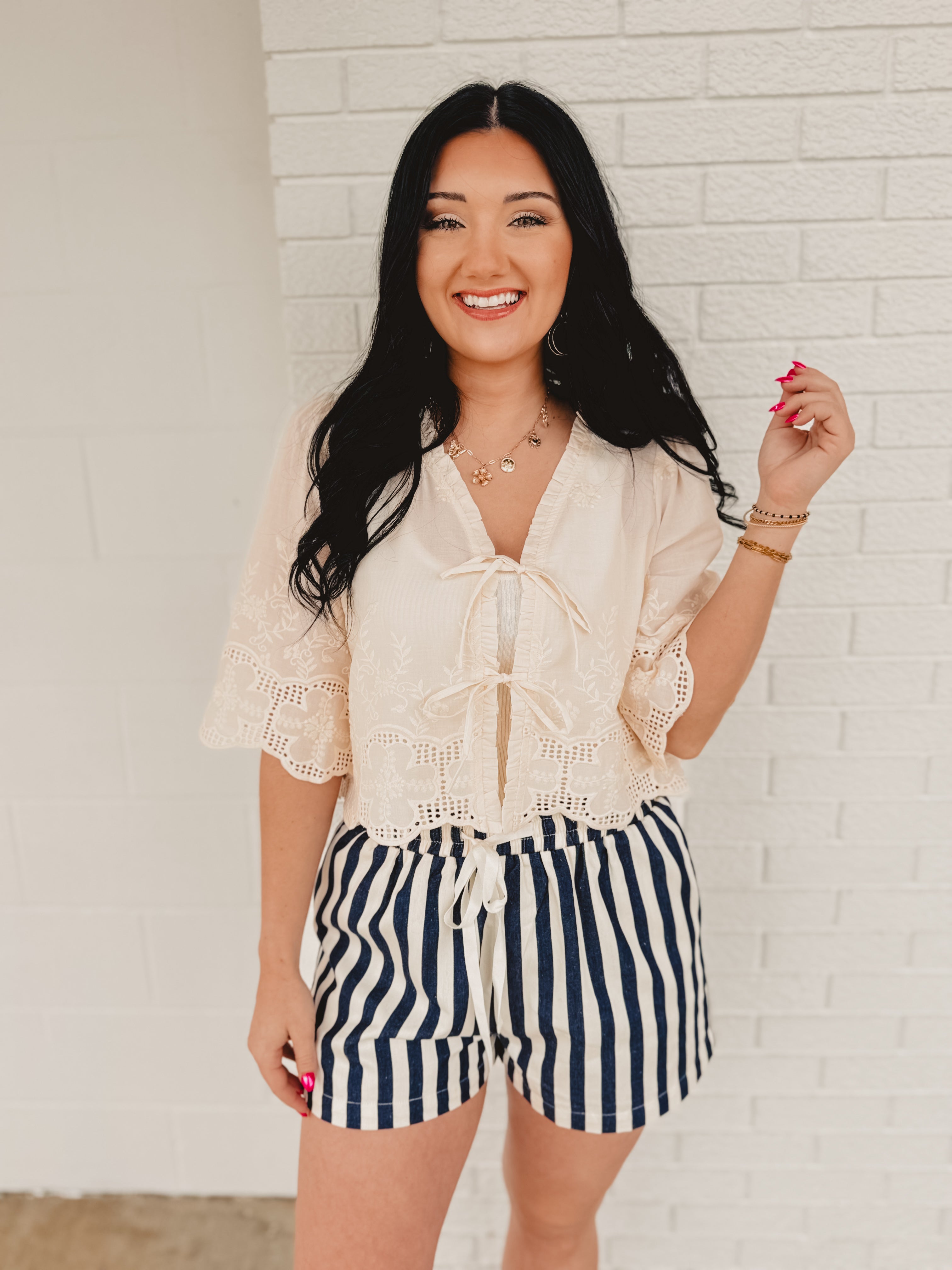 Floral Embroidery Tie Front Blouse - Ivory - Lace and Grace Boutique