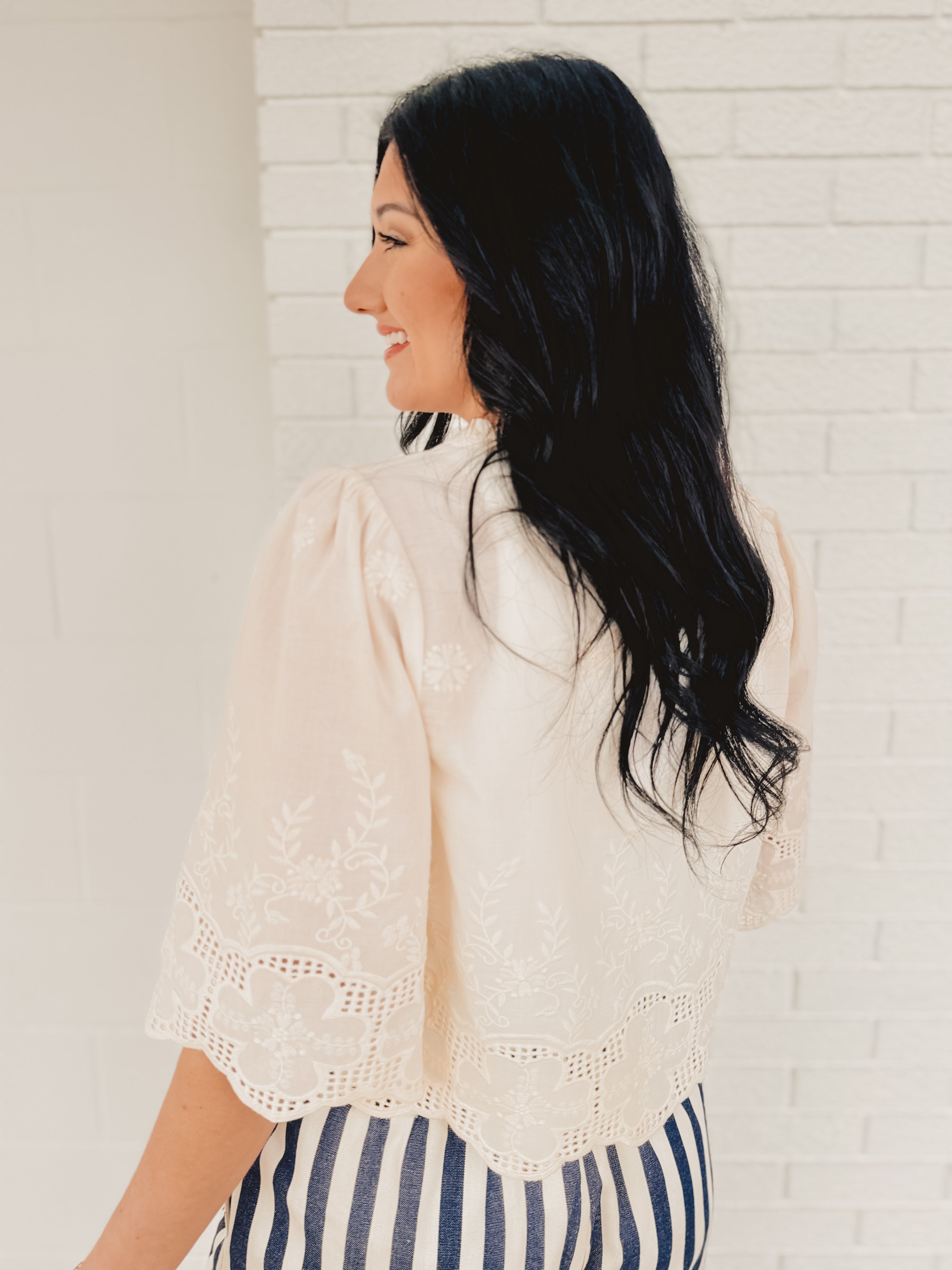 Floral Embroidery Tie Front Blouse - Ivory - Lace and Grace Boutique