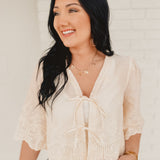 Floral Embroidery Tie Front Blouse - Ivory - Lace and Grace Boutique
