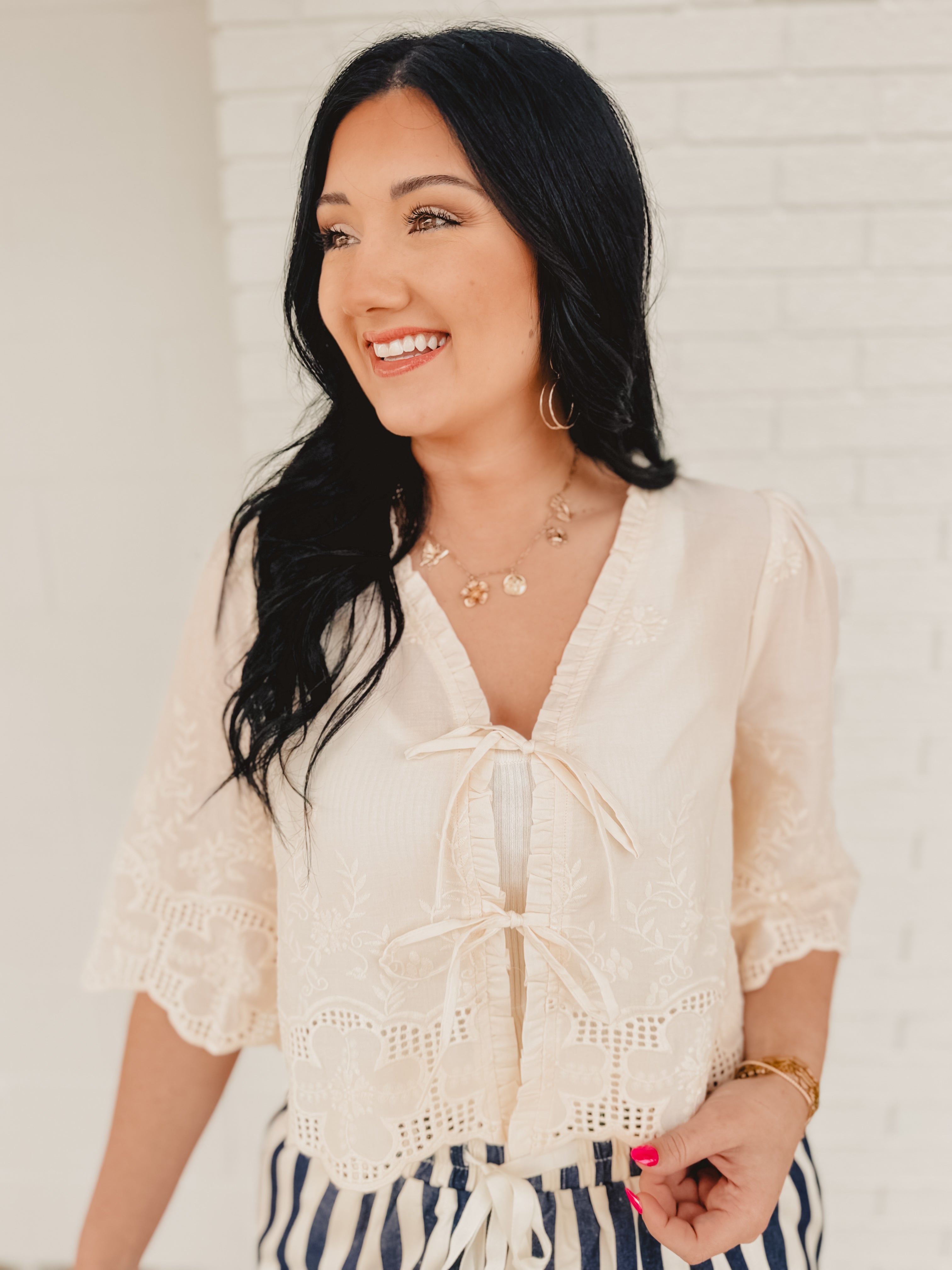 Floral Embroidery Tie Front Blouse - Ivory - Lace and Grace Boutique