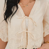 Floral Embroidery Tie Front Blouse - Ivory - Lace and Grace Boutique