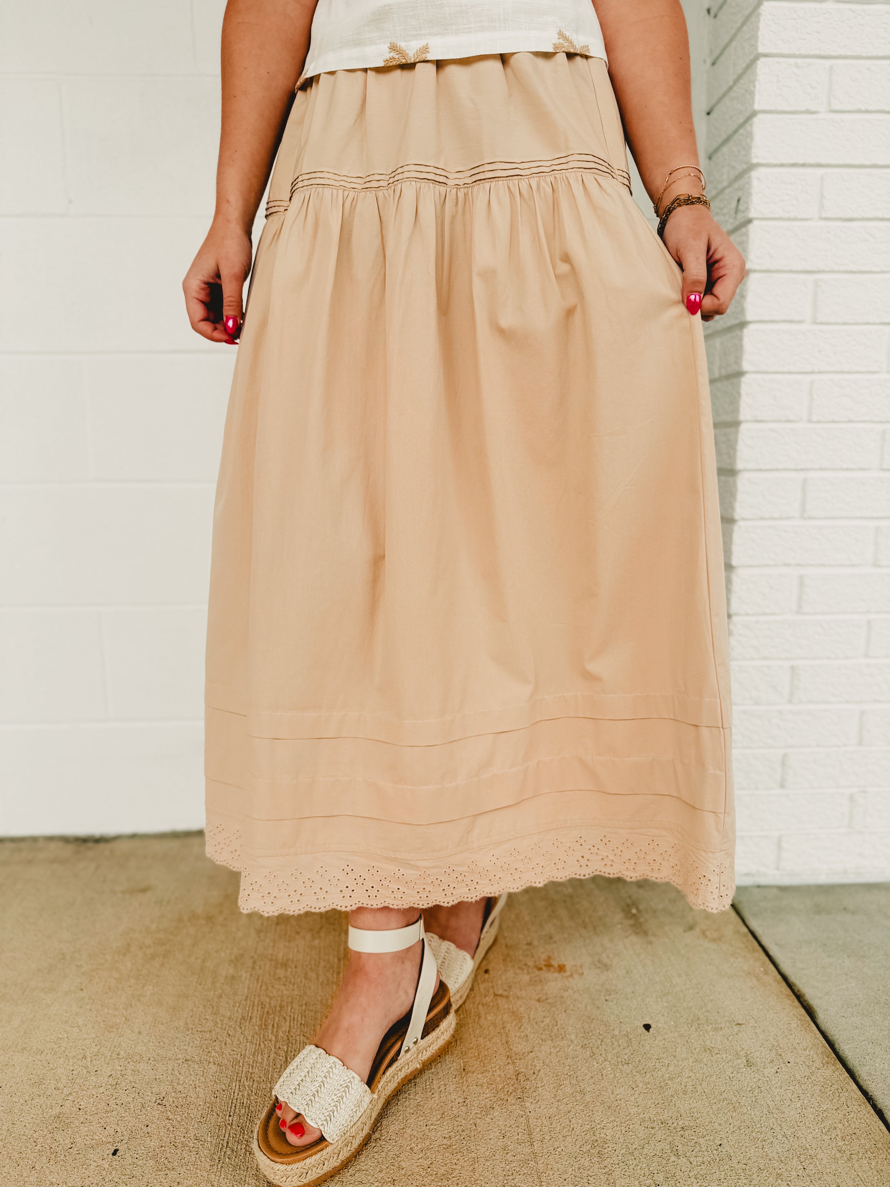 Pintuck Detailed Embroidery Edge Cotton Skirt - Khaki - Lace and Grace Boutique