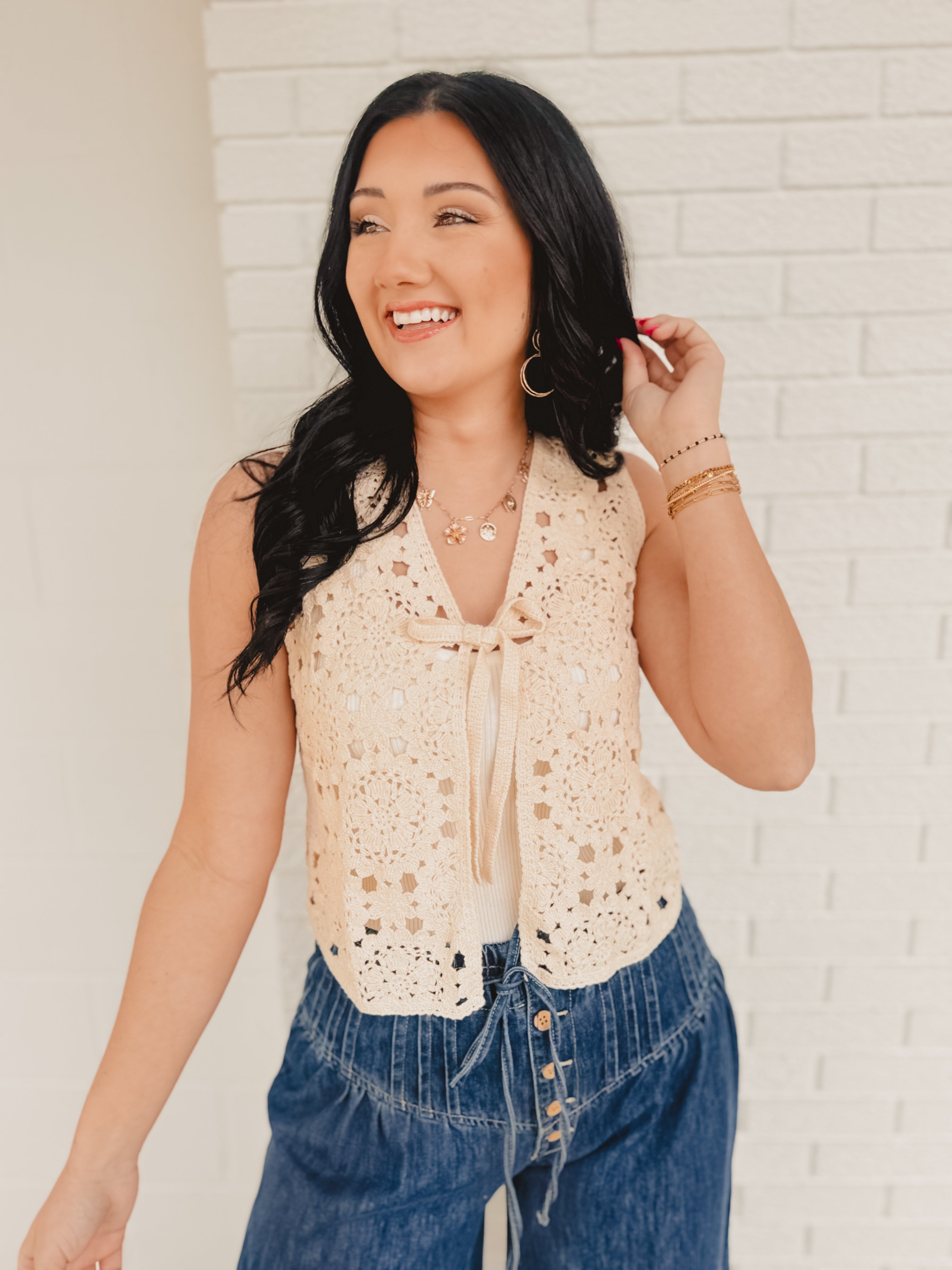 Crochet Knit Vest - Natural - Lace and Grace Boutique