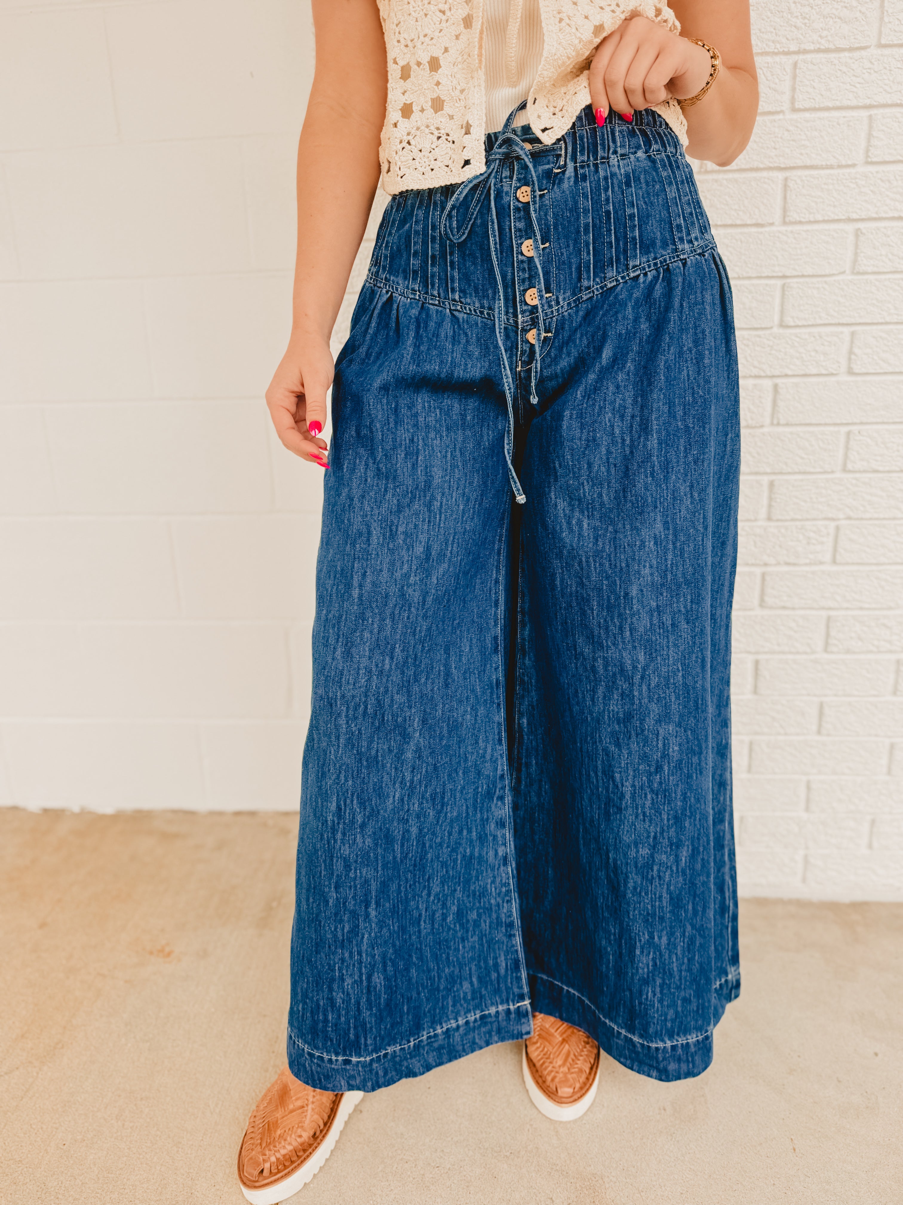 Mineral Washed Pintuck Wide Leg Pants - Dark Denim - Lace and Grace Boutique
