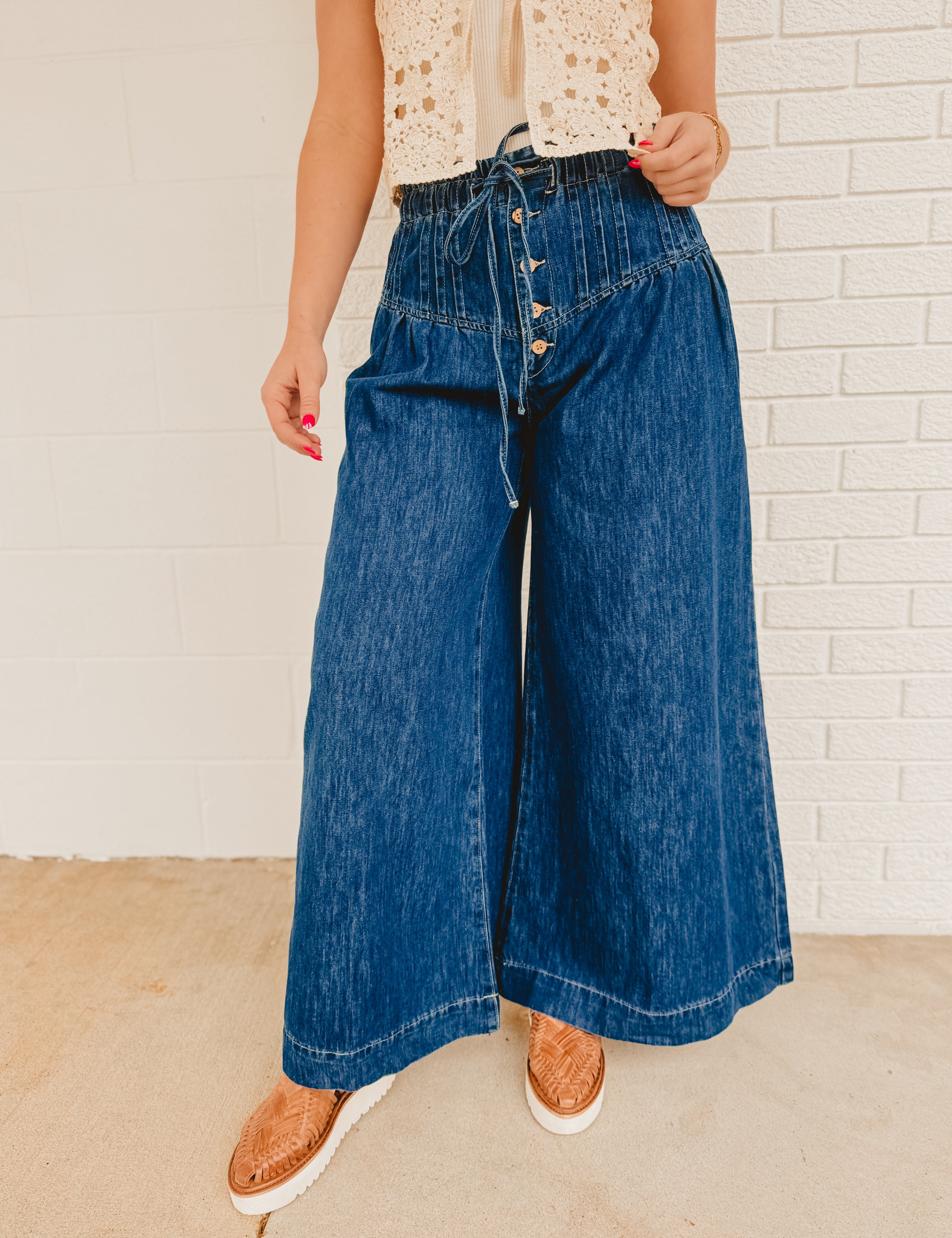 Mineral Washed Pintuck Wide Leg Pants - Dark Denim - Lace and Grace Boutique