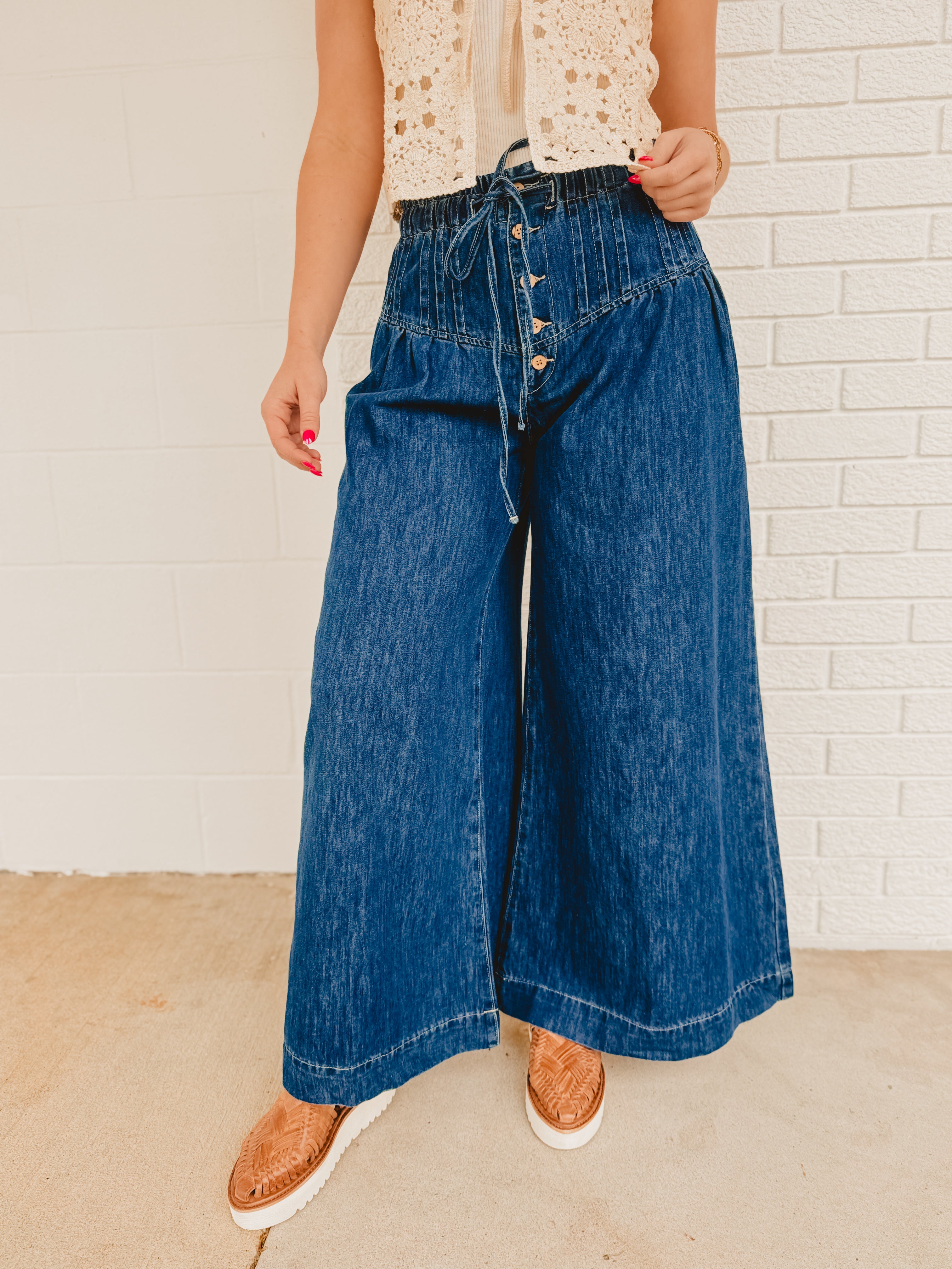 Mineral Washed Pintuck Wide Leg Pants - Dark Denim - Lace and Grace Boutique