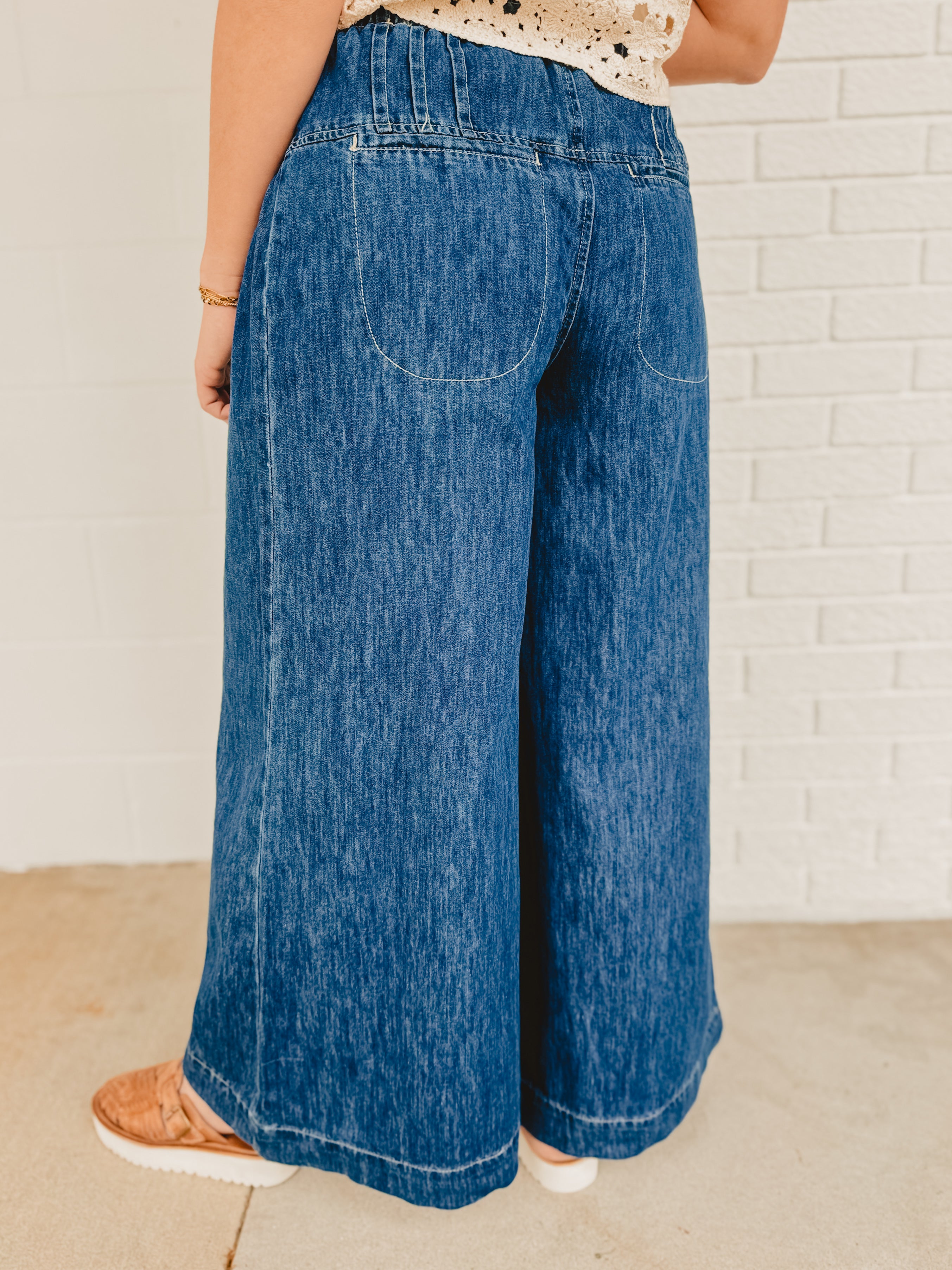 Mineral Washed Pintuck Wide Leg Pants - Dark Denim - Lace and Grace Boutique