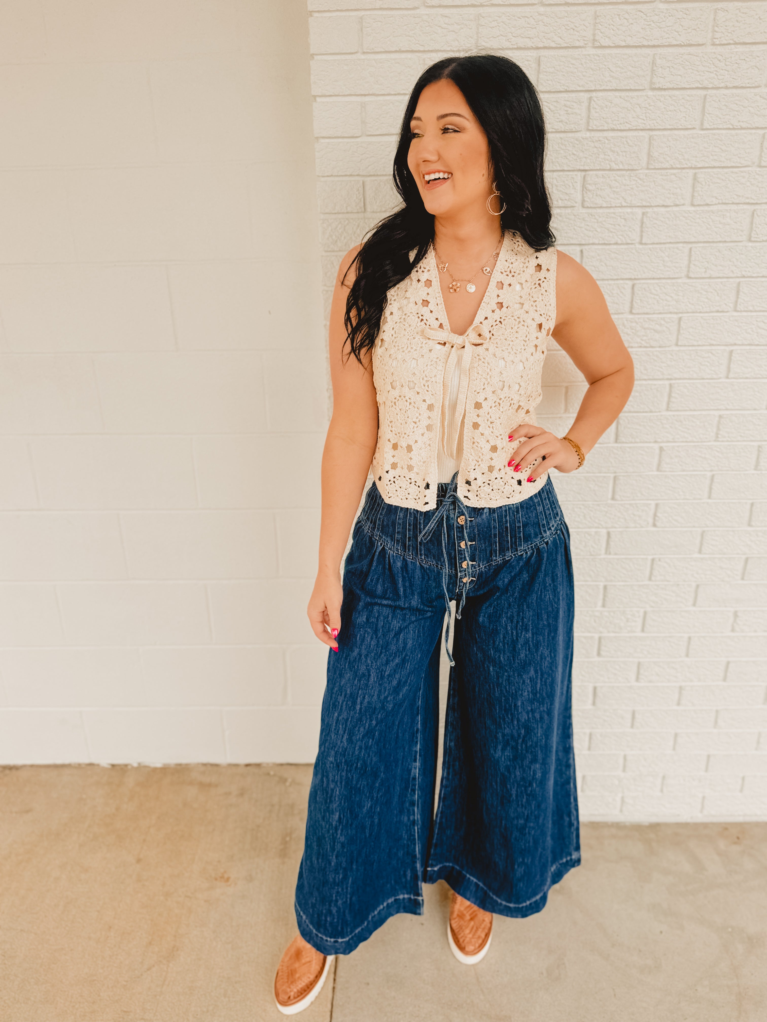 Mineral Washed Pintuck Wide Leg Pants - Dark Denim - Lace and Grace Boutique