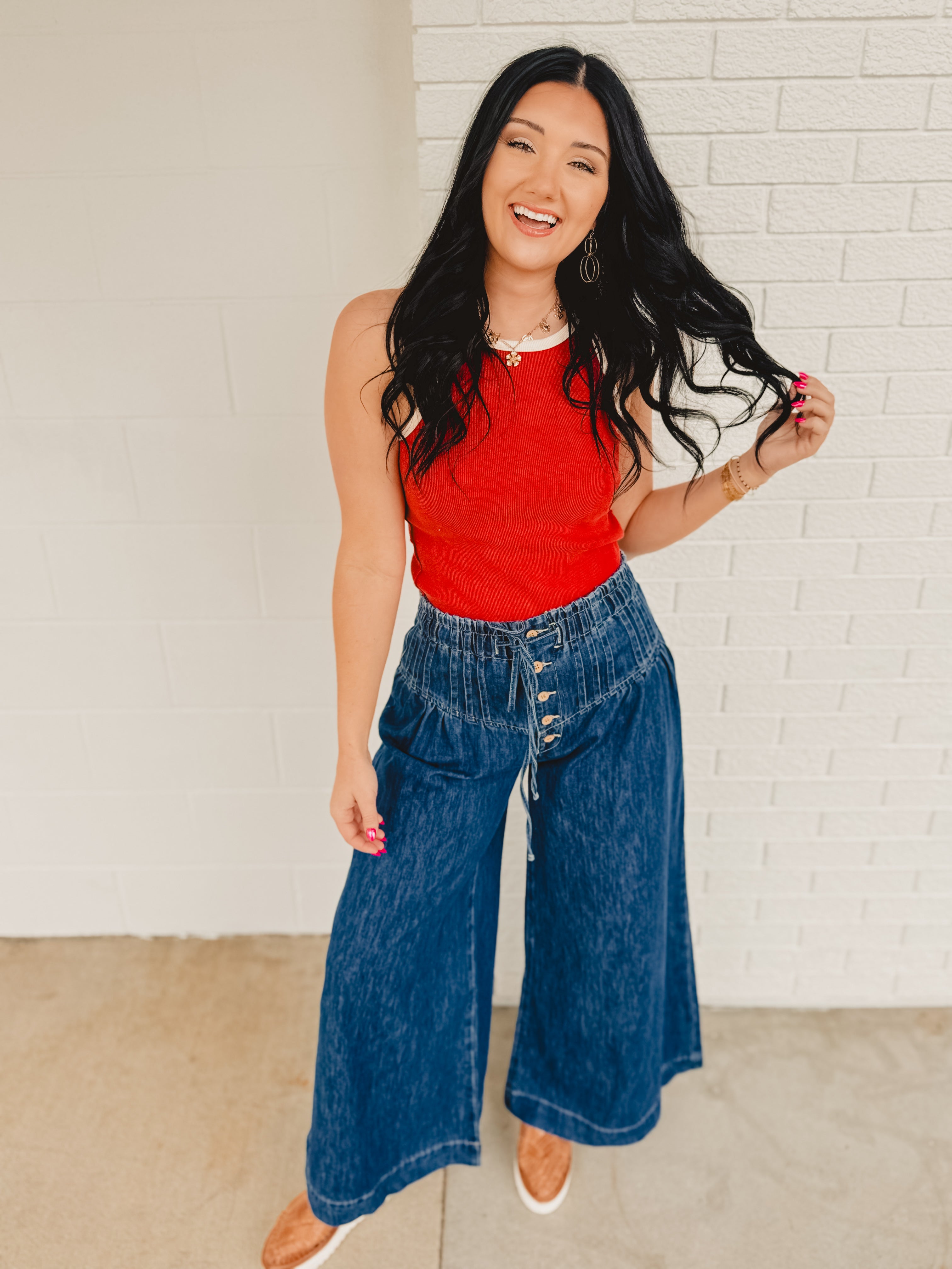 Mineral Washed Pintuck Wide Leg Pants - Dark Denim - Lace and Grace Boutique