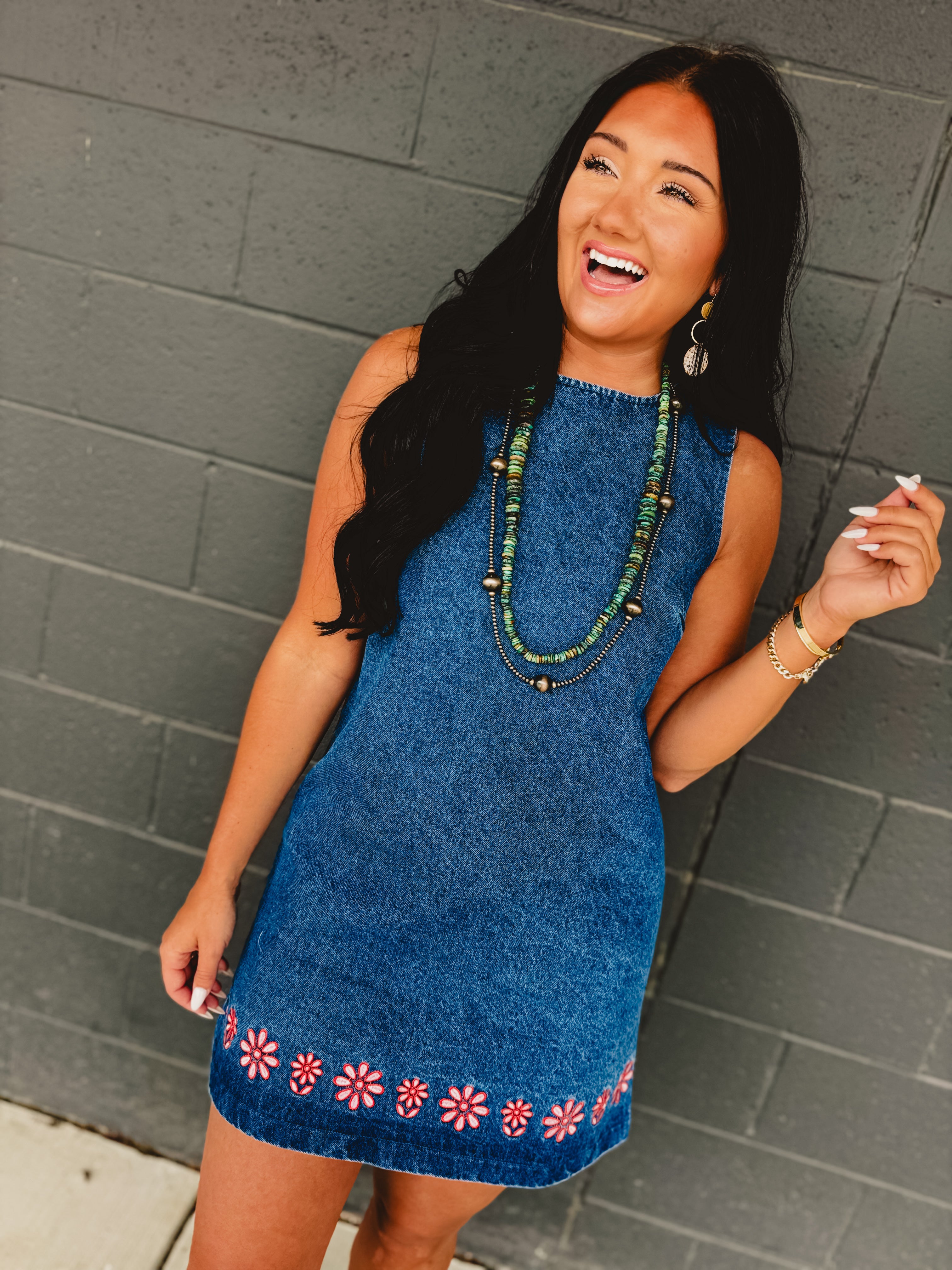 Floral Embroidered Washed Denim Mini Dress