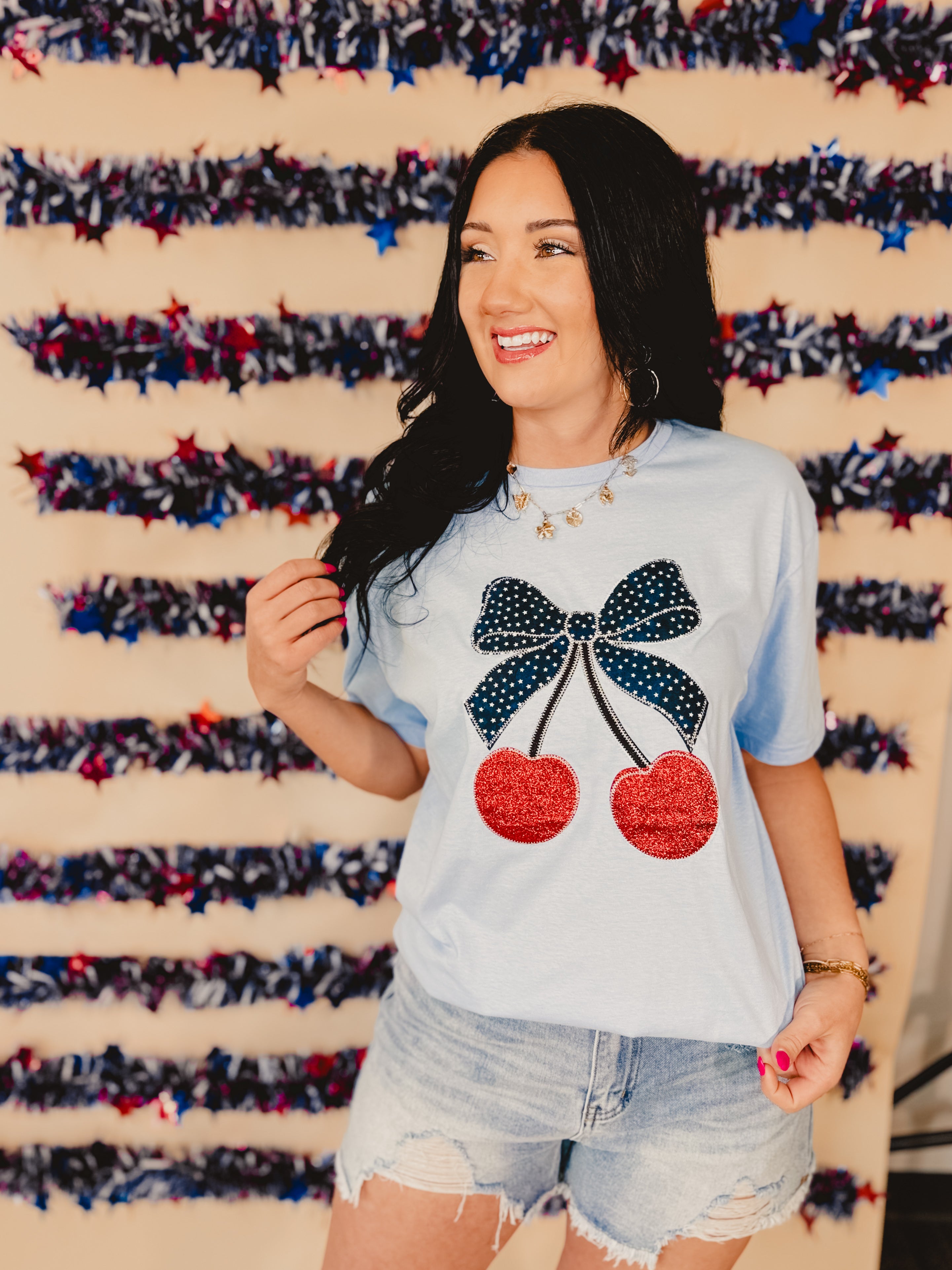 Cherry Bow Patriotic Embriodered Tee - Light Blue - Lace and Grace Boutique