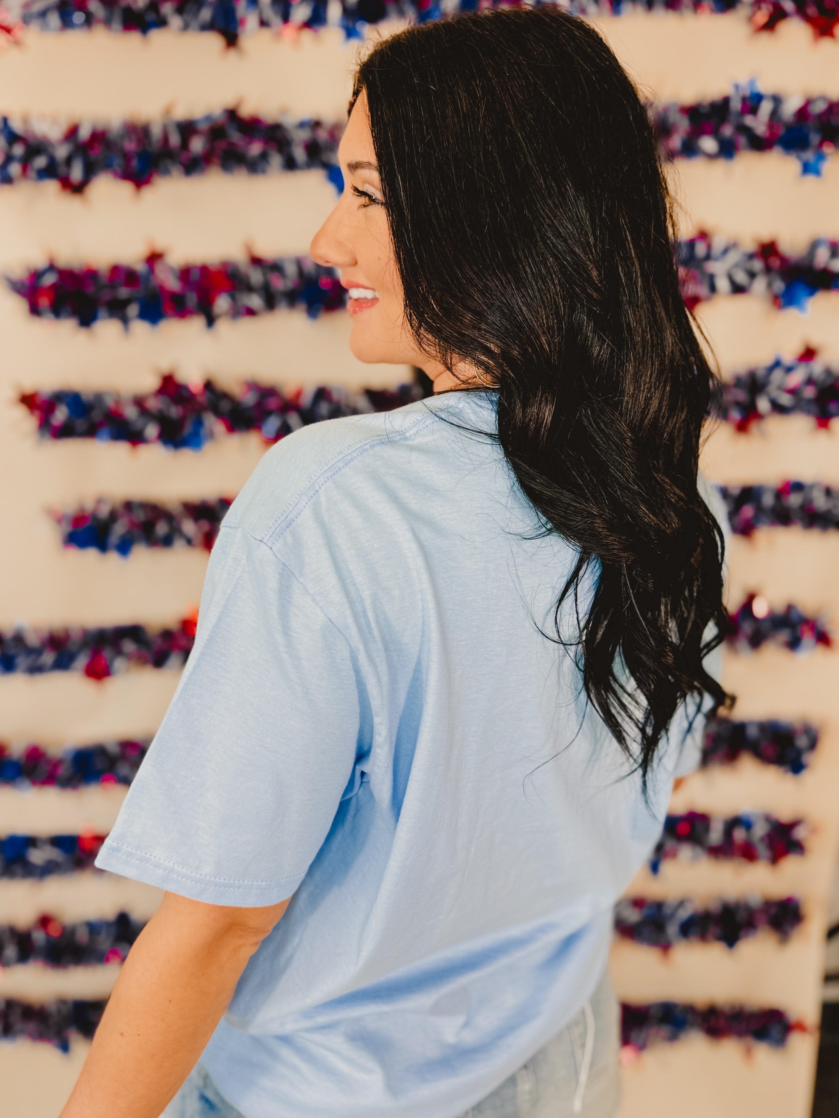 Cherry Bow Patriotic Embriodered Tee - Light Blue - Lace and Grace Boutique