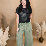 Washed French Terry Cargo Wide Leg Pants - Lt. Olive - Lace and Grace Boutique