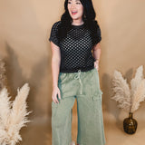 Washed French Terry Cargo Wide Leg Pants - Lt. Olive - Lace and Grace Boutique