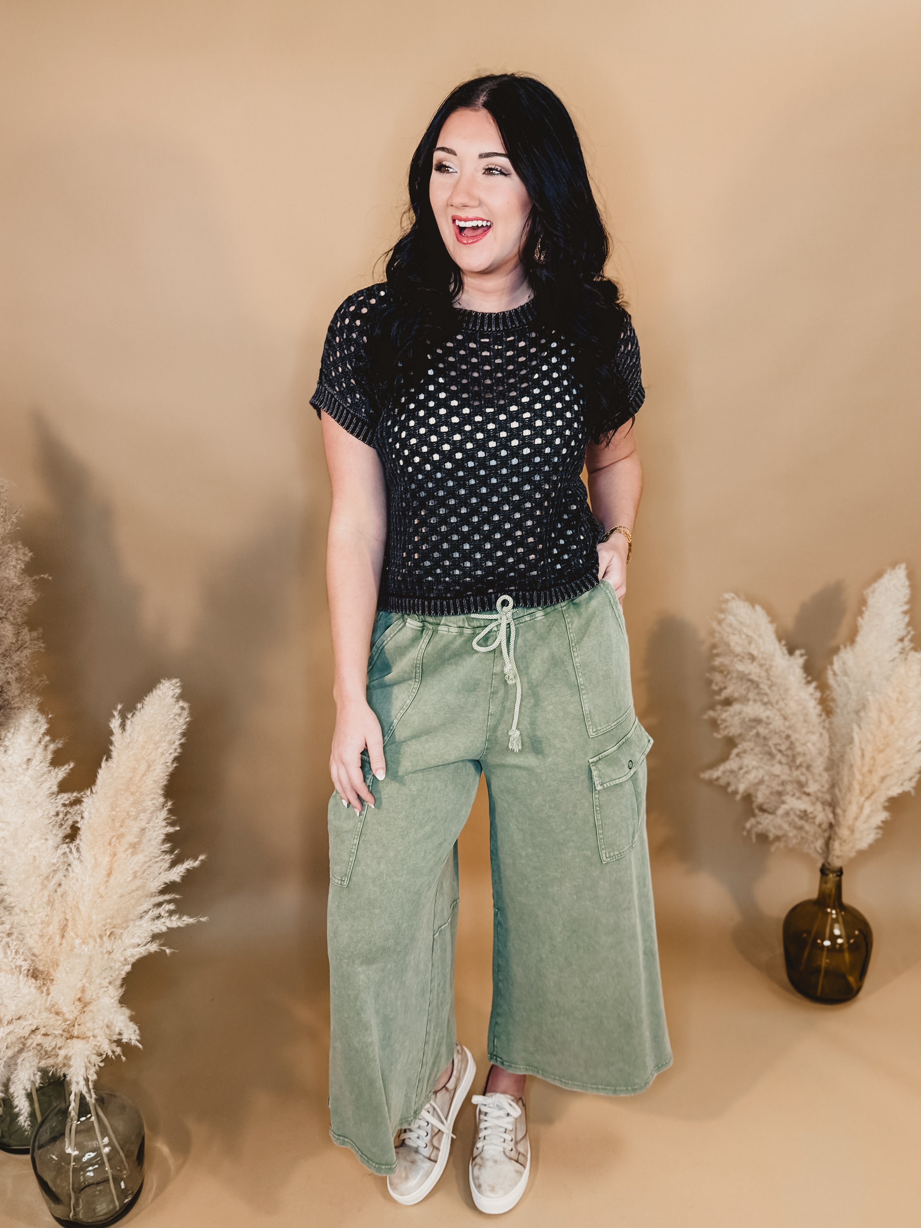 Washed French Terry Cargo Wide Leg Pants - Lt. Olive - Lace and Grace Boutique