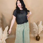 Washed French Terry Cargo Wide Leg Pants - Lt. Olive - Lace and Grace Boutique