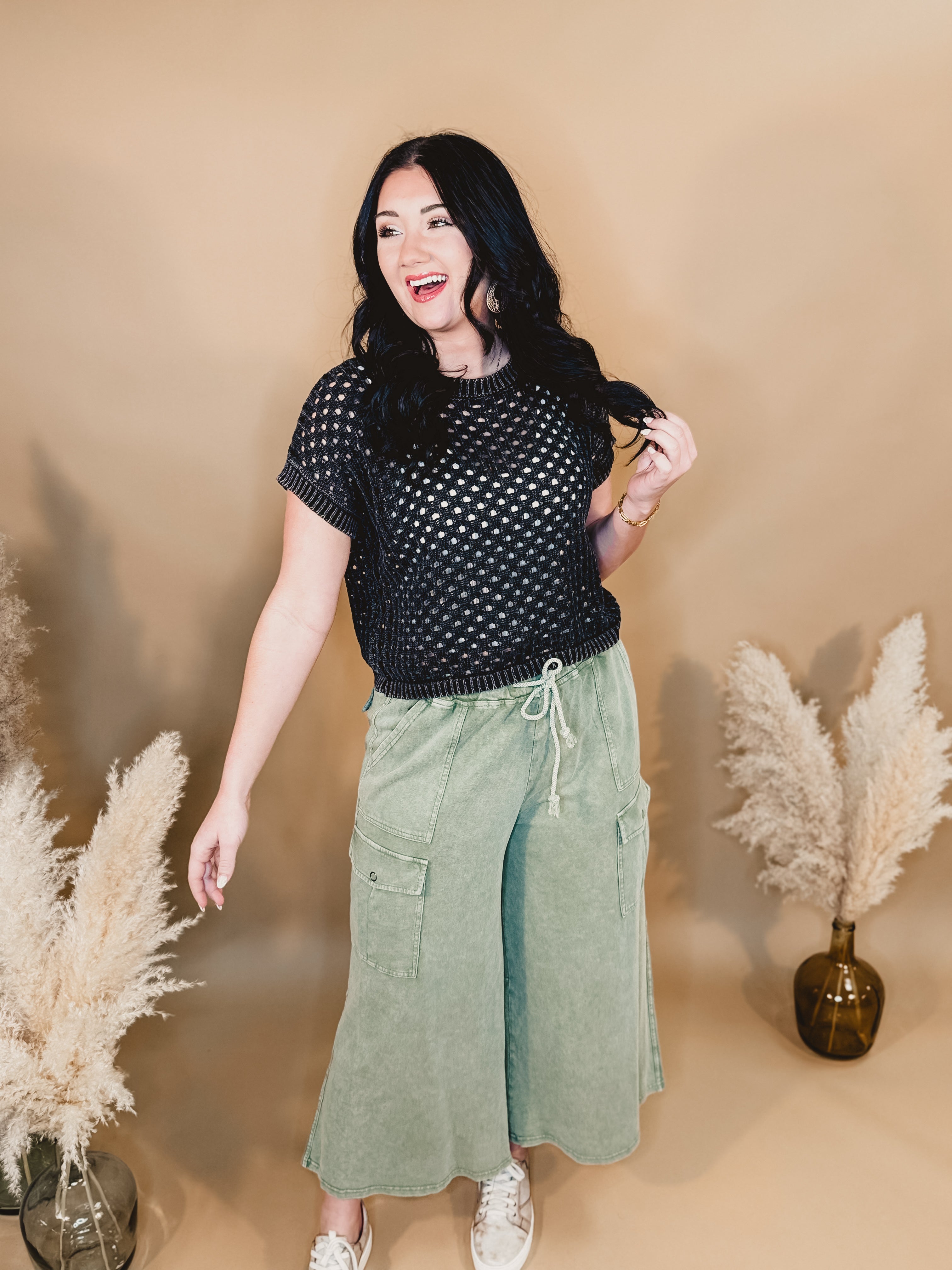 Washed French Terry Cargo Wide Leg Pants - Lt. Olive - Lace and Grace Boutique