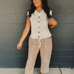 Striped Barrel Leg Cropped Pants - Camel - Lace and Grace Boutique