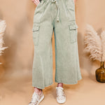 Washed French Terry Cargo Wide Leg Pants - Lt. Olive - Lace and Grace Boutique
