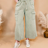 Washed French Terry Cargo Wide Leg Pants - Lt. Olive - Lace and Grace Boutique