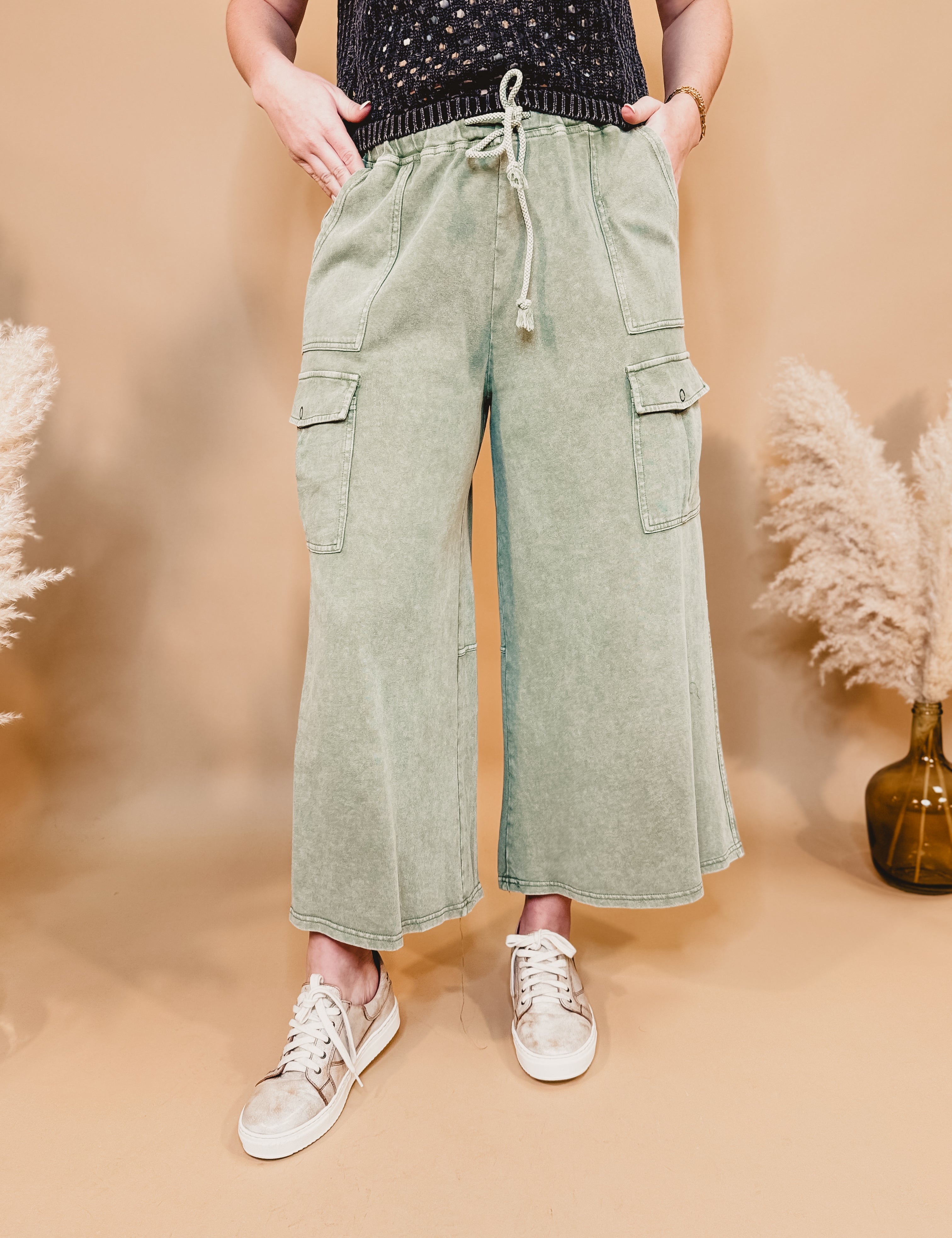 Washed French Terry Cargo Wide Leg Pants - Lt. Olive - Lace and Grace Boutique