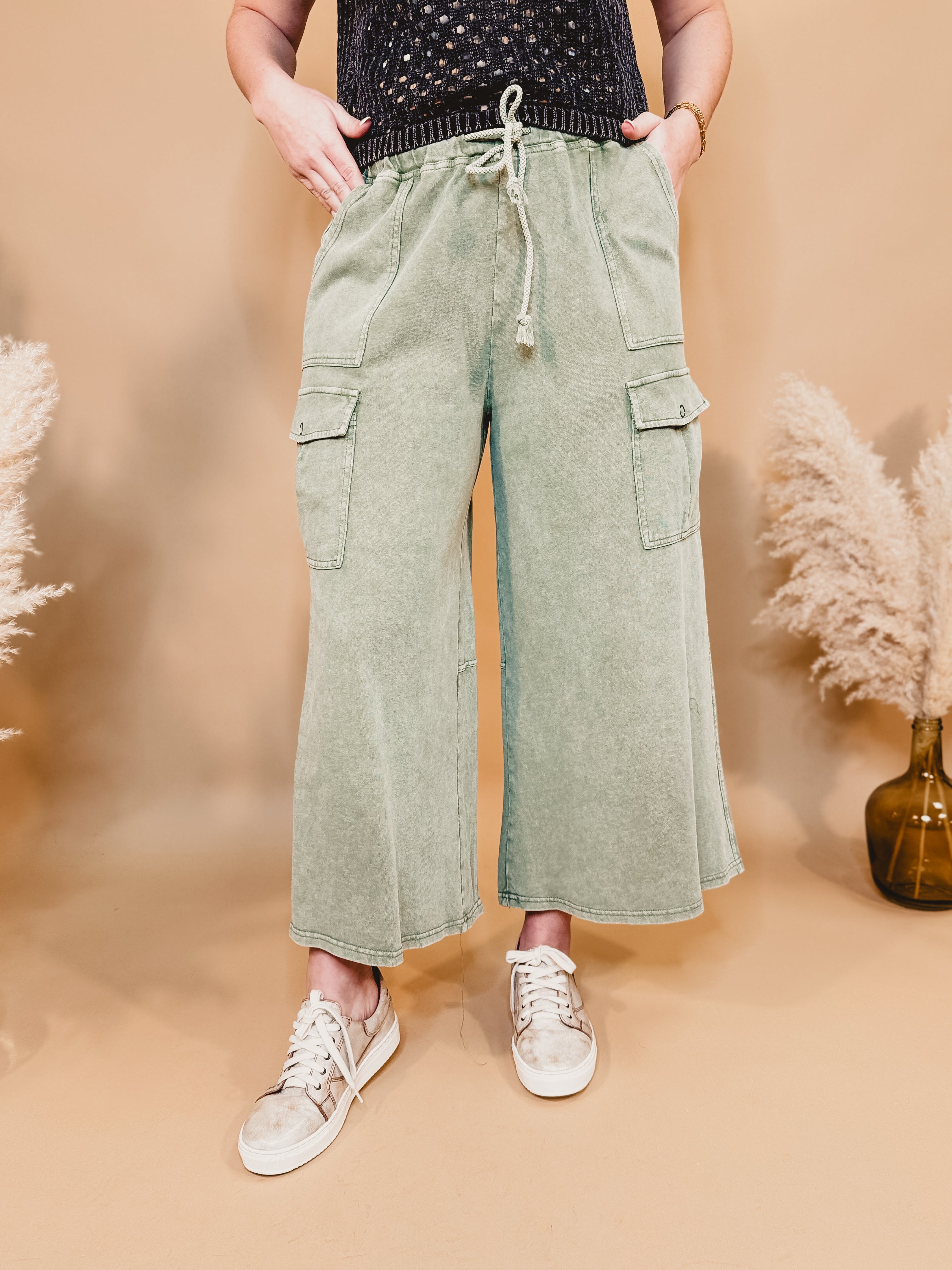 Washed French Terry Cargo Wide Leg Pants - Lt. Olive - Lace and Grace Boutique