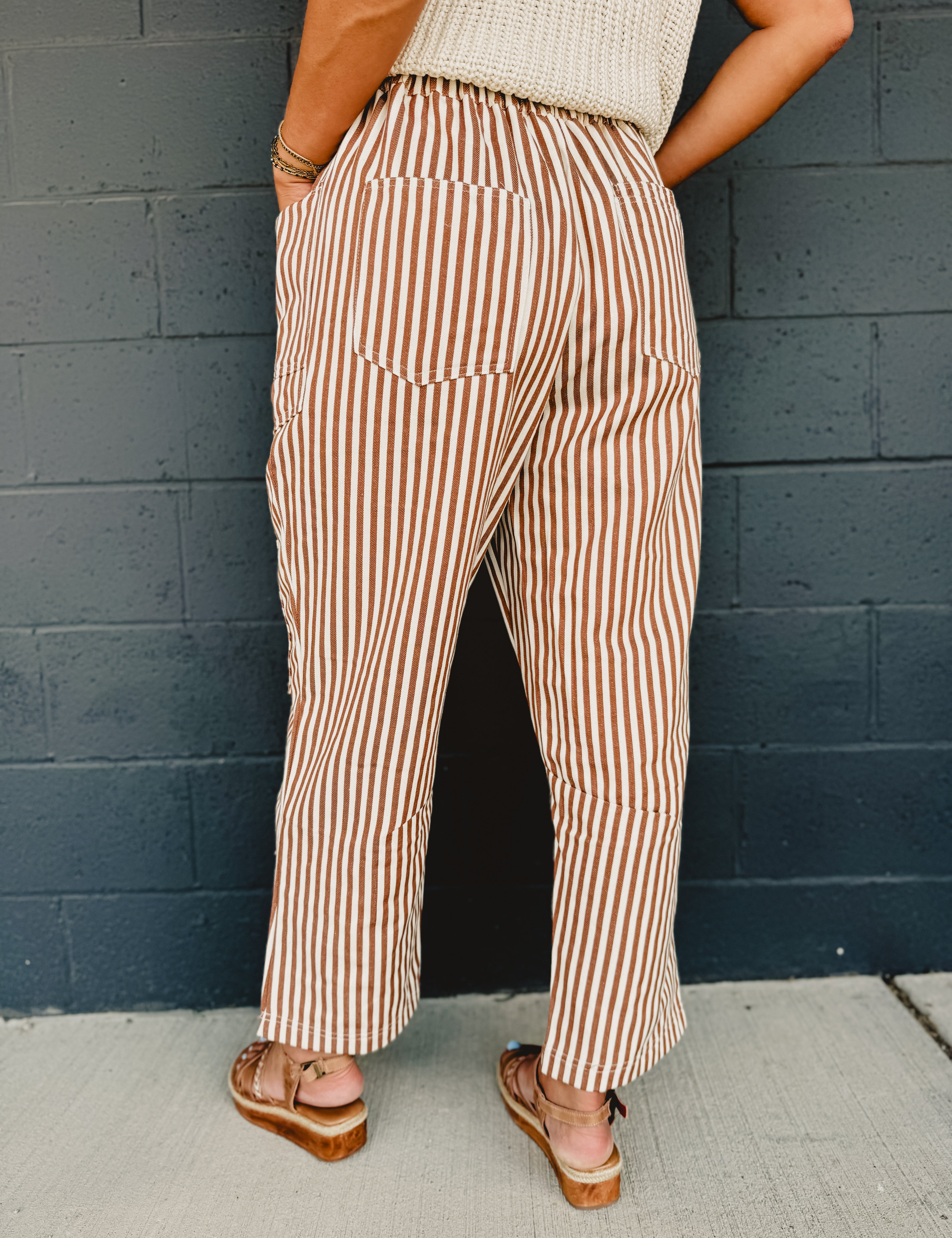 Striped Barrel Leg Cropped Pants - Camel - Lace and Grace Boutique