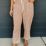 Striped Barrel Leg Cropped Pants - Camel - Lace and Grace Boutique
