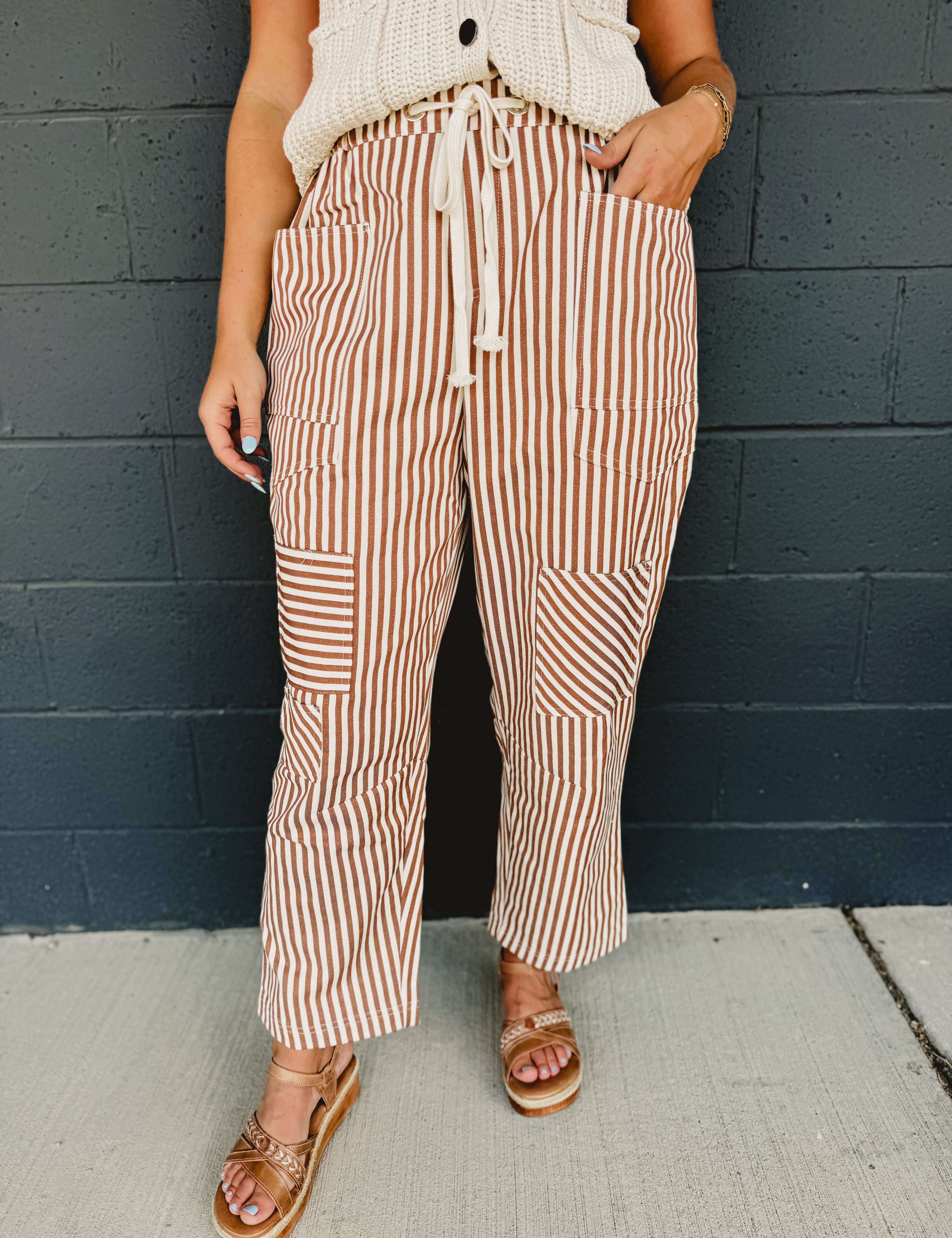 Striped Barrel Leg Cropped Pants - Camel - Lace and Grace Boutique