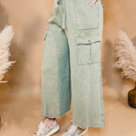 Washed French Terry Cargo Wide Leg Pants - Lt. Olive - Lace and Grace Boutique