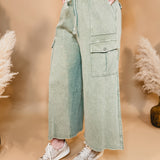 Washed French Terry Cargo Wide Leg Pants - Lt. Olive - Lace and Grace Boutique