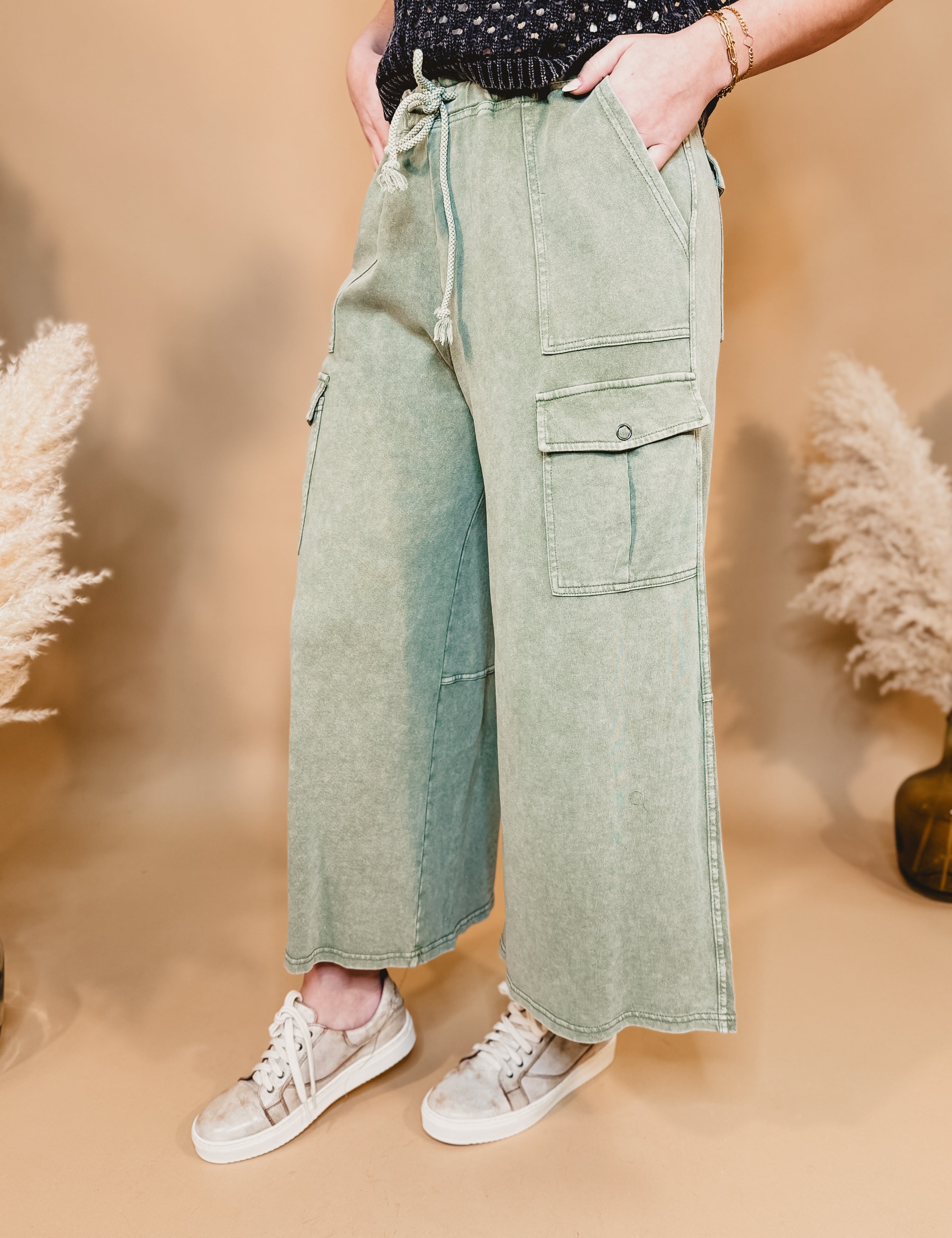 Washed French Terry Cargo Wide Leg Pants - Lt. Olive - Lace and Grace Boutique