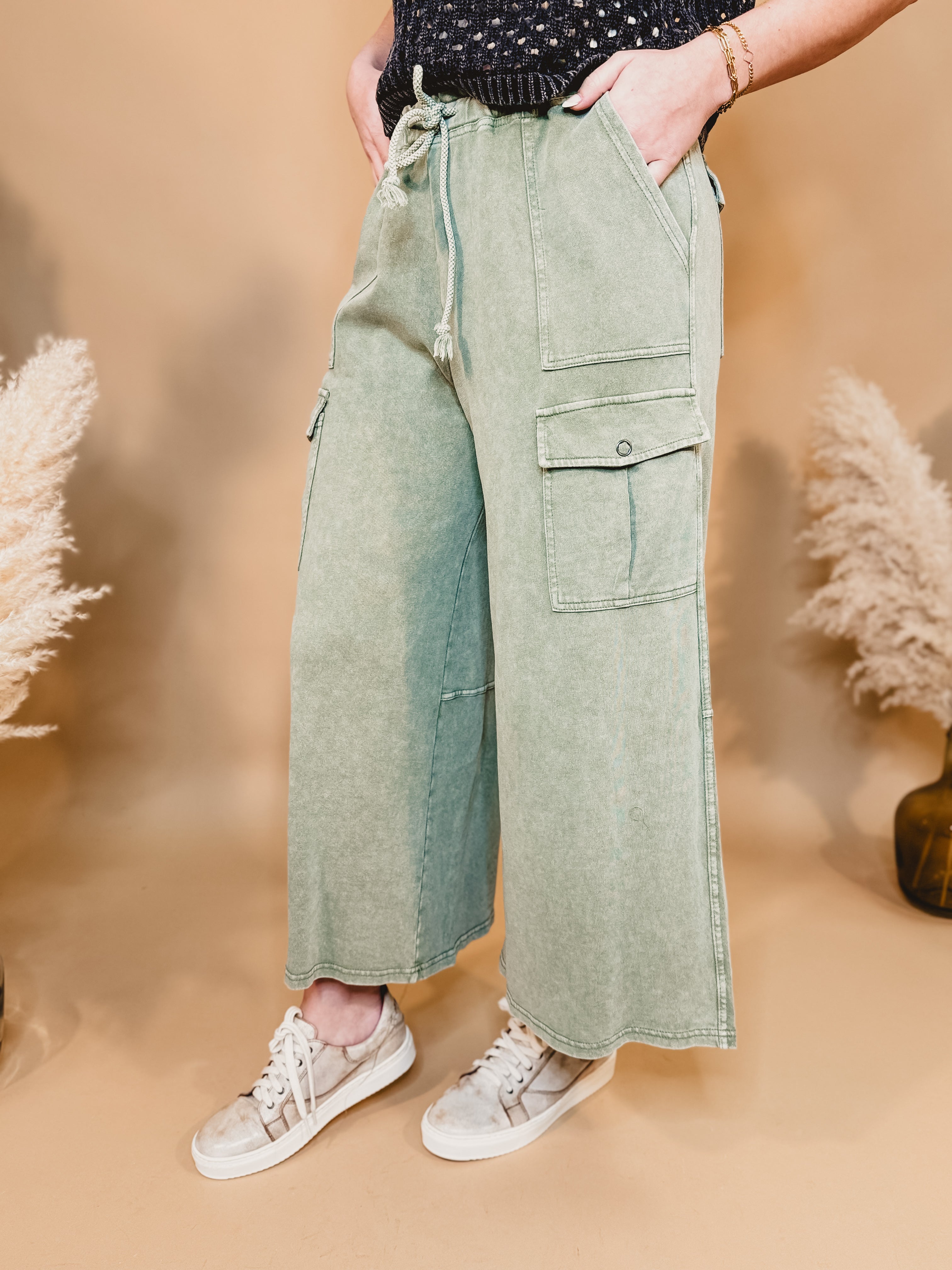 Washed French Terry Cargo Wide Leg Pants - Lt. Olive - Lace and Grace Boutique