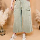 Washed French Terry Cargo Wide Leg Pants - Lt. Olive - Lace and Grace Boutique