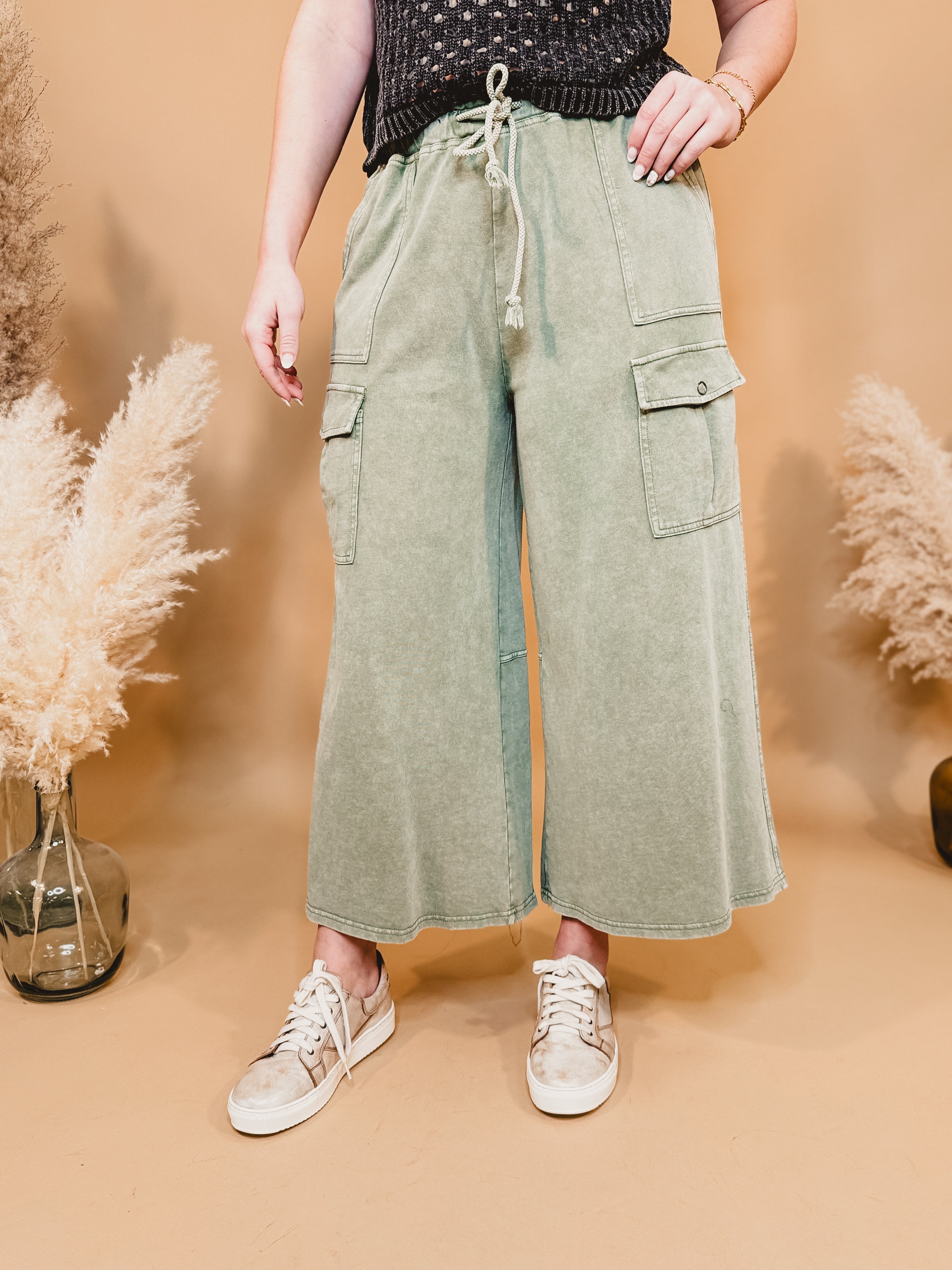 Washed French Terry Cargo Wide Leg Pants - Lt. Olive - Lace and Grace Boutique